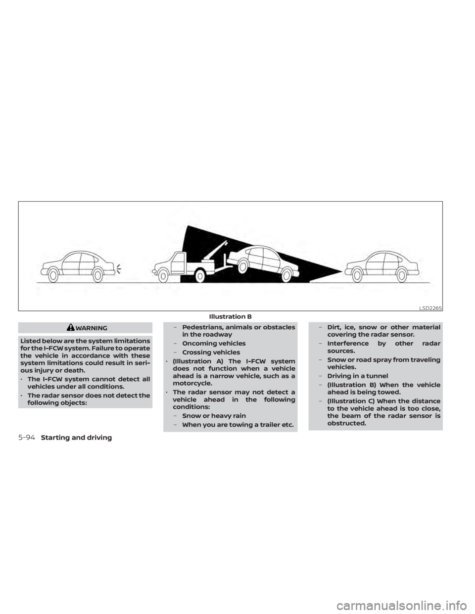 NISSAN TITAN 2021  Owner´s Manual WARNING
Listed below are the system limitations
for the I-FCW system. Failure to operate
the vehicle in accordance with these
system limitations could result in seri-
ous injury or death.
• The I-FC
