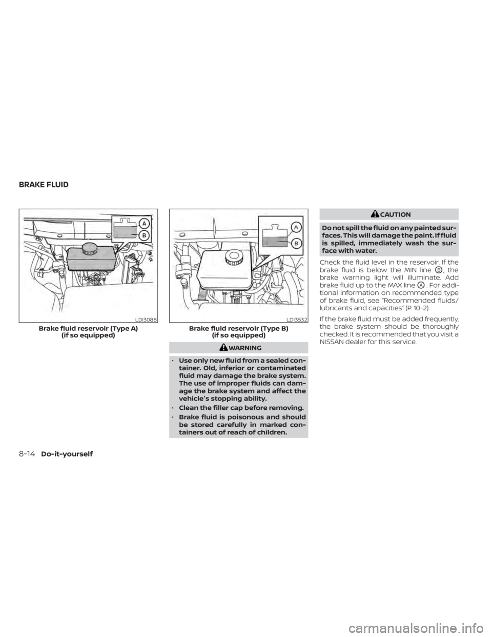 NISSAN TITAN 2021 Owner´s Manual WARNING
• Use only new fluid from a sealed con-
tainer. Old, inferior or contaminated
fluid may damage the brake system.
The use of improper fluids can dam-
age the brake system and affect the
vehic NISSAN TITAN 2021 Owner´s Manual WARNING
• Use only new fluid from a sealed con-
tainer. Old, inferior or contaminated
fluid may damage the brake system.
The use of improper fluids can dam-
age the brake system and affect the
vehic
