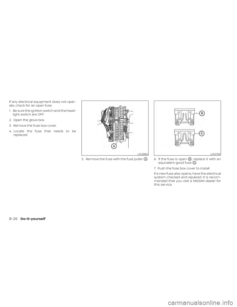 NISSAN TITAN 2021 Owner´s Manual If any electrical equipment does not oper-
ate, check for an open fuse.
1. Be sure the ignition switch and the head-light switch are OFF.
2. Open the glove box.
3. Remove the fuse box cover.
4. Locate NISSAN TITAN 2021 Owner´s Manual If any electrical equipment does not oper-
ate, check for an open fuse.
1. Be sure the ignition switch and the head-light switch are OFF.
2. Open the glove box.
3. Remove the fuse box cover.
4. Locate