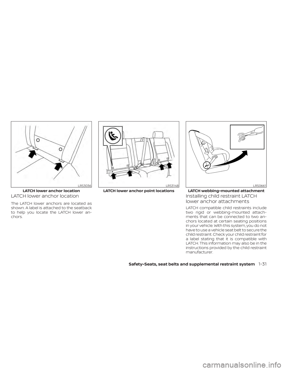 NISSAN TITAN 2021 Owner´s Manual LATCH lower anchor location
The LATCH lower anchors are located as
shown. A label is attached to the seatback
to help you locate the LATCH lower an-
chors.
Installing child restraint LATCH
lower ancho NISSAN TITAN 2021 Owner´s Manual LATCH lower anchor location
The LATCH lower anchors are located as
shown. A label is attached to the seatback
to help you locate the LATCH lower an-
chors.
Installing child restraint LATCH
lower ancho