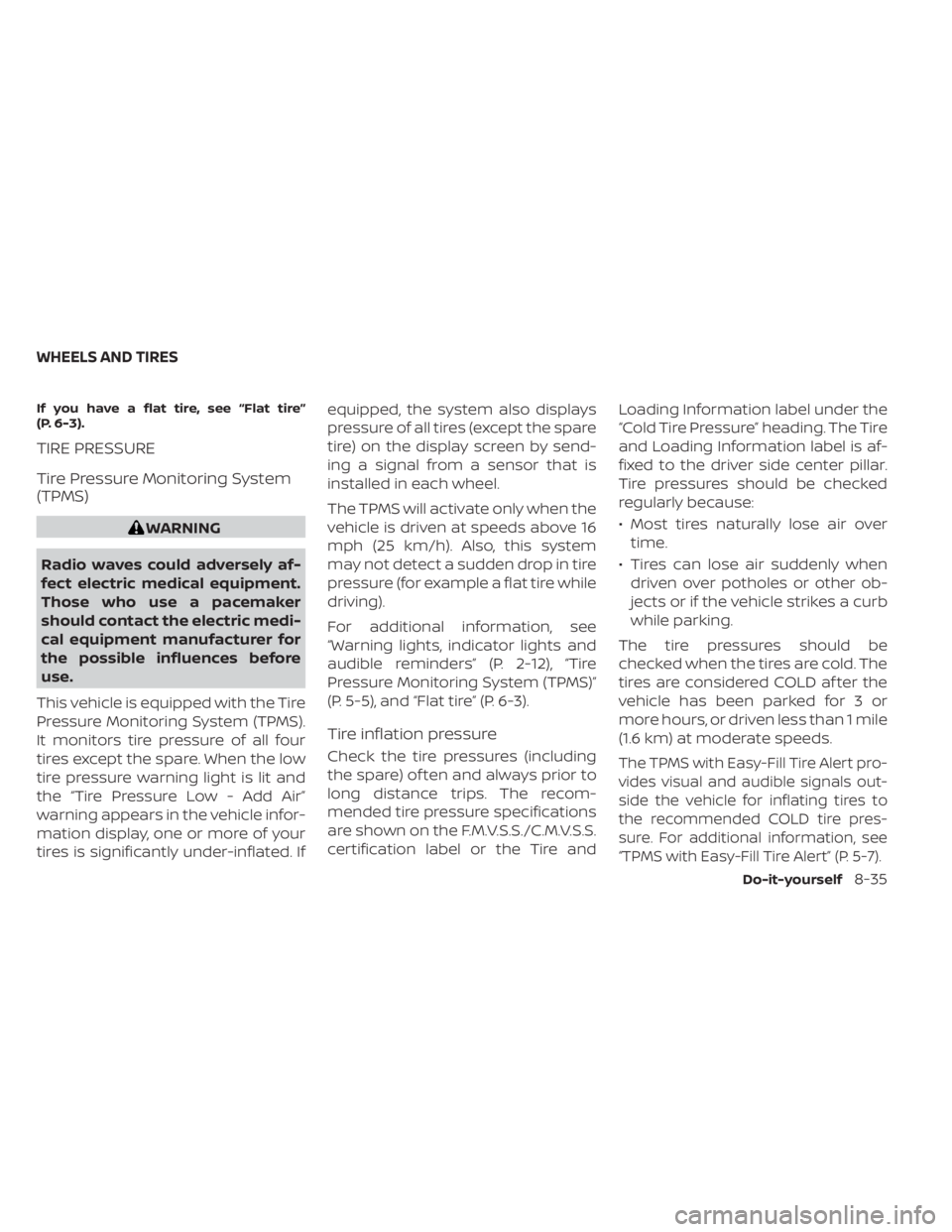 NISSAN TITAN 2021  Owner´s Manual If you have a flat tire, see “Flat tire”
(P. 6-3).
TIRE PRESSURE
Tire Pressure Monitoring System
(TPMS)
WARNING
Radio waves could adversely af-
fect electric medical equipment.
Those who use a pac