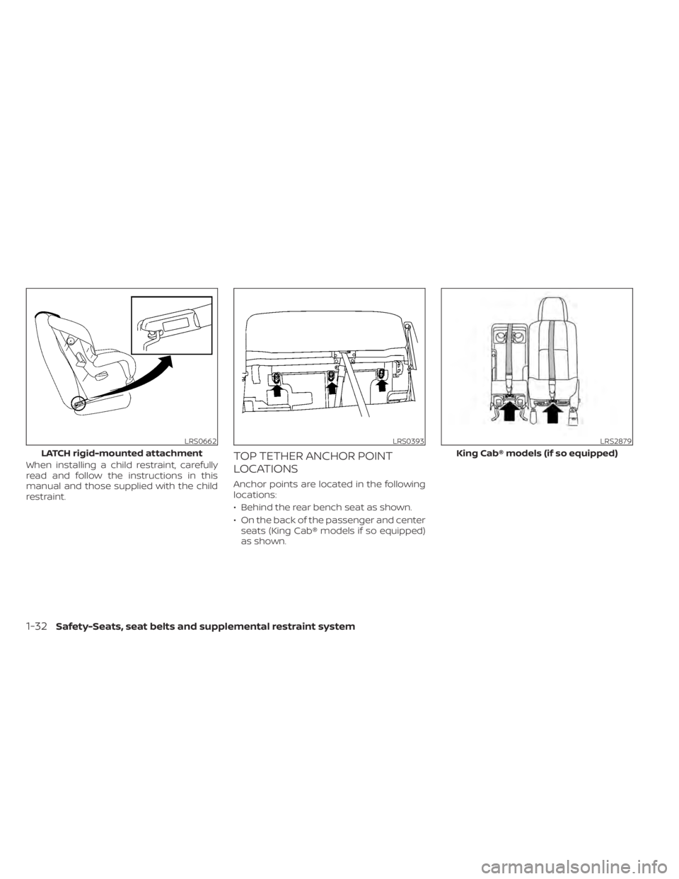 NISSAN TITAN 2021 Owner´s Manual When installing a child restraint, carefully
read and follow the instructions in this
manual and those supplied with the child
restraint.TOP TETHER ANCHOR POINT
LOCATIONS
Anchor points are located in NISSAN TITAN 2021 Owner´s Manual When installing a child restraint, carefully
read and follow the instructions in this
manual and those supplied with the child
restraint.TOP TETHER ANCHOR POINT
LOCATIONS
Anchor points are located in