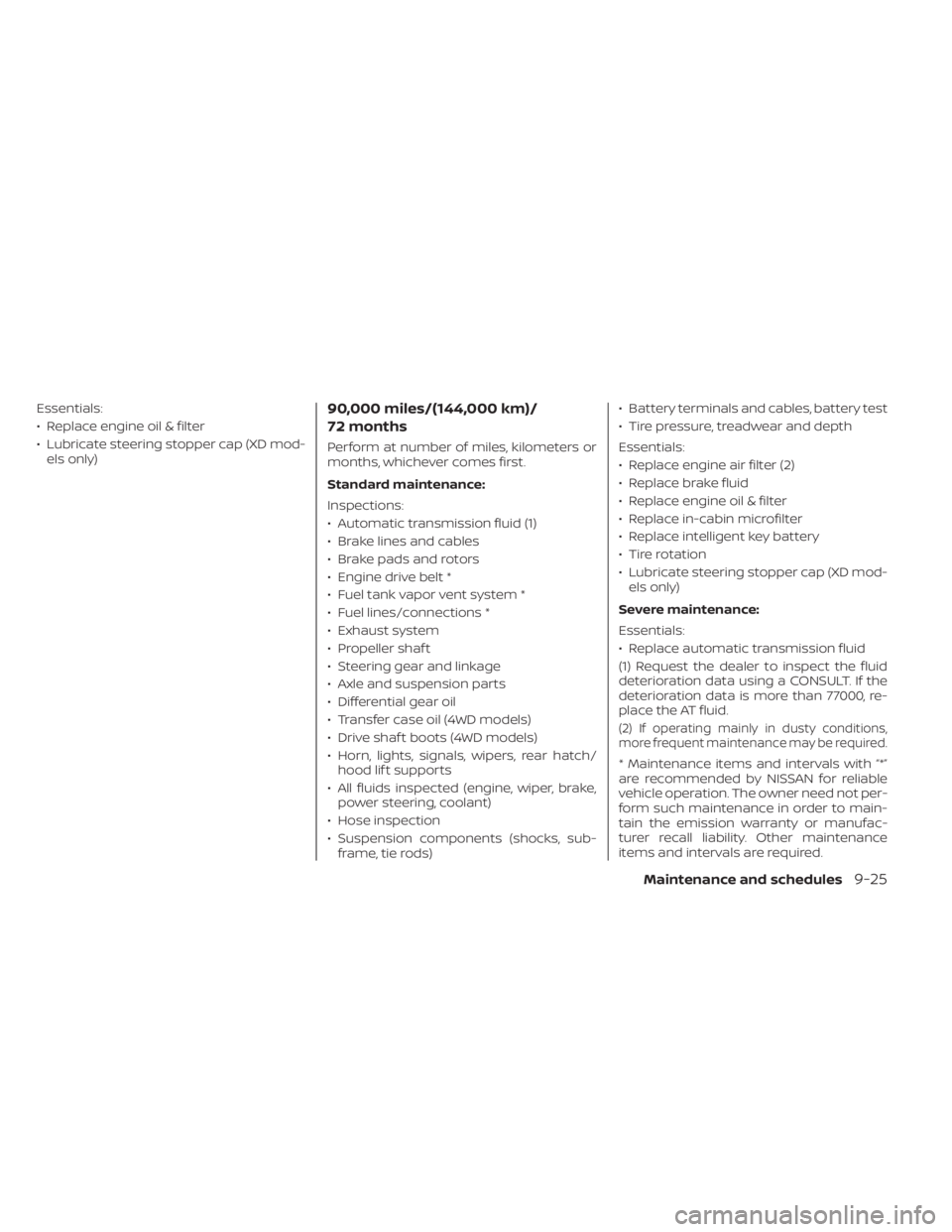 NISSAN TITAN 2021 Owner´s Manual Essentials:
• Replace engine oil & filter
• Lubricate steering stopper cap (XD mod-els only)90,000 miles/(144,000 km)/
72 months
Perform at number of miles, kilometers or
months, whichever comes f NISSAN TITAN 2021 Owner´s Manual Essentials:
• Replace engine oil & filter
• Lubricate steering stopper cap (XD mod-els only)90,000 miles/(144,000 km)/
72 months
Perform at number of miles, kilometers or
months, whichever comes f