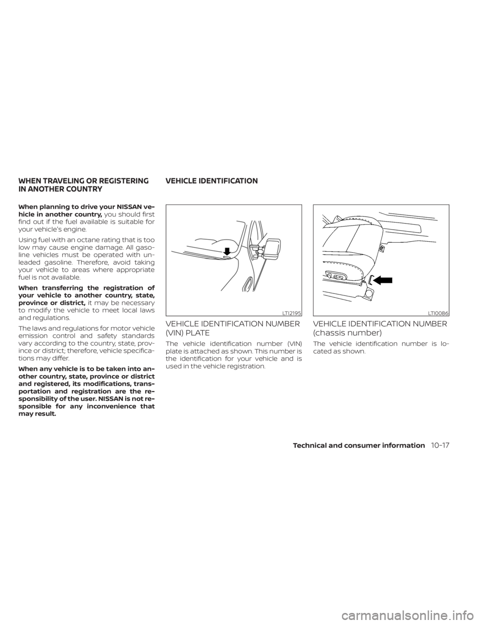 NISSAN TITAN 2021 Owner´s Manual When planning to drive your NISSAN ve-
hicle in another country,you should first
find out if the fuel available is suitable for
your vehicle's engine.
Using fuel with an octane rating that is too
NISSAN TITAN 2021 Owner´s Manual When planning to drive your NISSAN ve-
hicle in another country,you should first
find out if the fuel available is suitable for
your vehicle's engine.
Using fuel with an octane rating that is too
