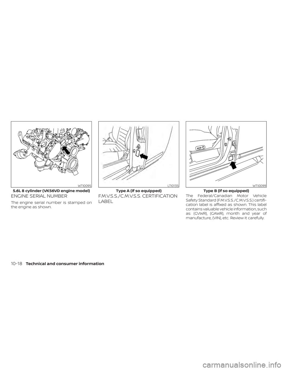 NISSAN TITAN 2021 Owner´s Manual ENGINE SERIAL NUMBER
The engine serial number is stamped on
the engine as shown.
F.M.V.S.S./C.M.V.S.S. CERTIFICATION
LABELThe Federal/Canadian Motor Vehicle
Safety Standard (F.M.V.S.S./C.M.V.S.S.) cer NISSAN TITAN 2021 Owner´s Manual ENGINE SERIAL NUMBER
The engine serial number is stamped on
the engine as shown.
F.M.V.S.S./C.M.V.S.S. CERTIFICATION
LABELThe Federal/Canadian Motor Vehicle
Safety Standard (F.M.V.S.S./C.M.V.S.S.) cer