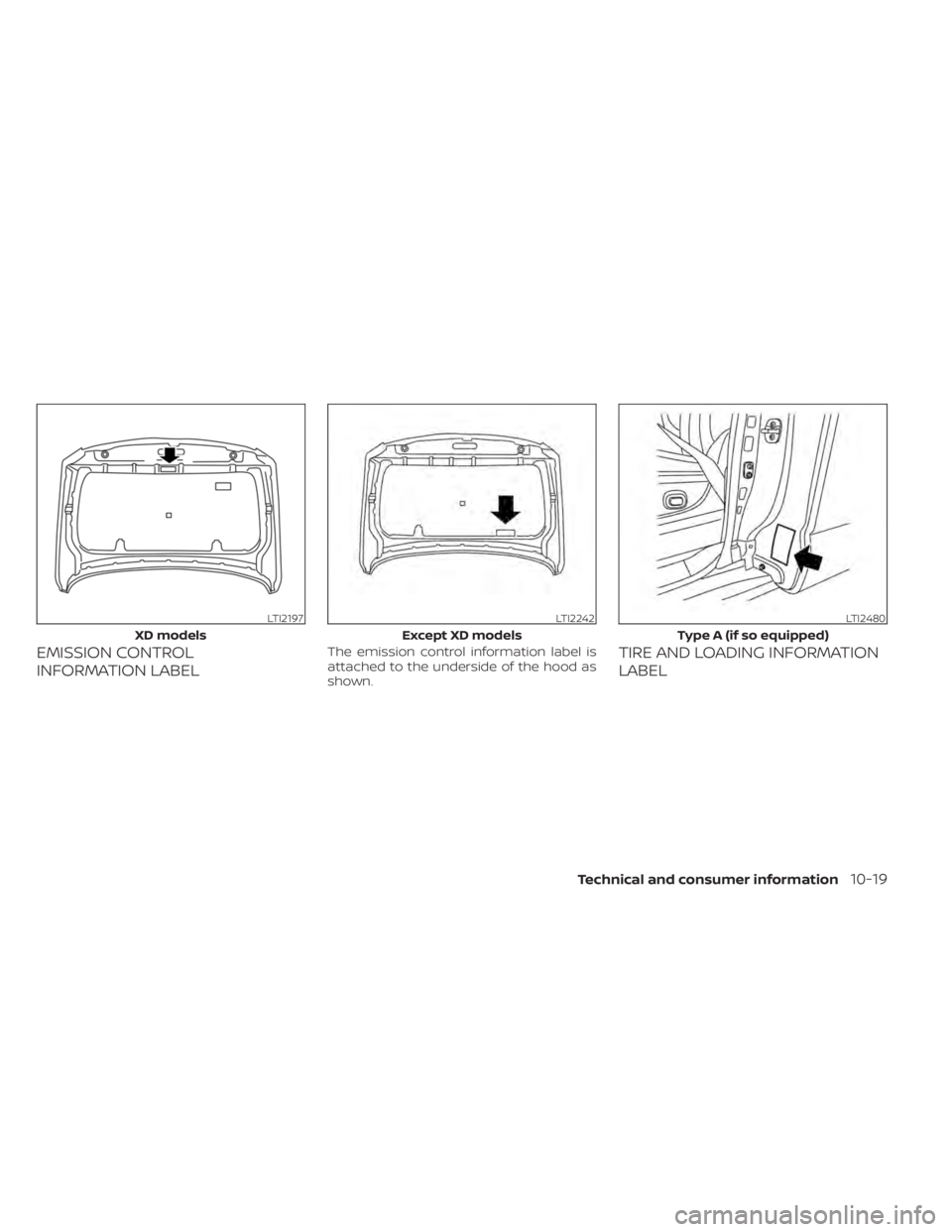 NISSAN TITAN 2021 Owner´s Manual EMISSION CONTROL
INFORMATION LABELThe emission control information label is
attached to the underside of the hood as
shown.TIRE AND LOADING INFORMATION
LABEL
LTI2197
XD models
LTI2242
Except XD models NISSAN TITAN 2021 Owner´s Manual EMISSION CONTROL
INFORMATION LABELThe emission control information label is
attached to the underside of the hood as
shown.TIRE AND LOADING INFORMATION
LABEL
LTI2197
XD models
LTI2242
Except XD models