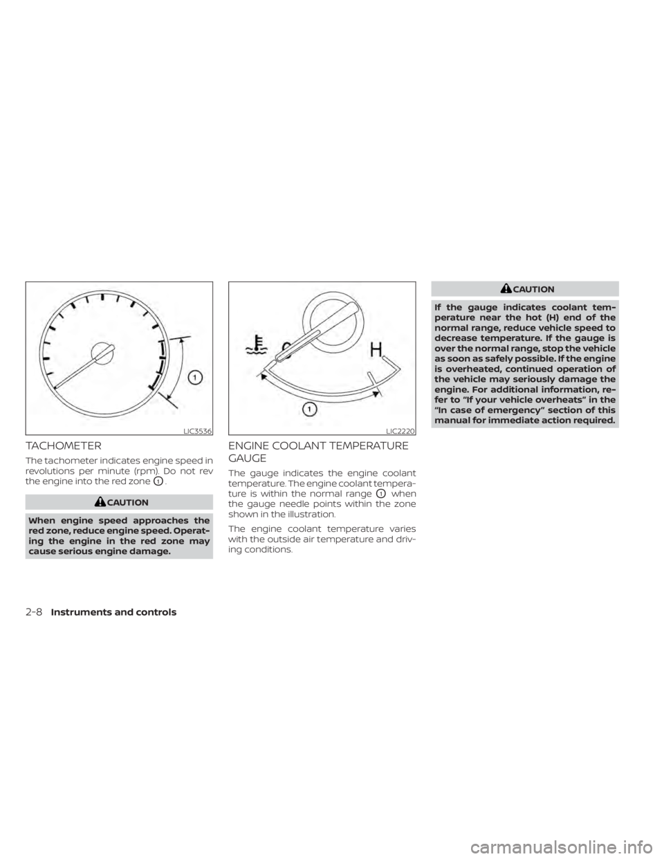 NISSAN TITAN 2020  Owner´s Manual TACHOMETER
The tachometer indicates engine speed in
revolutions per minute (rpm). Do not rev
the engine into the red zone
O1.
CAUTION
When engine speed approaches the
red zone, reduce engine speed. Op