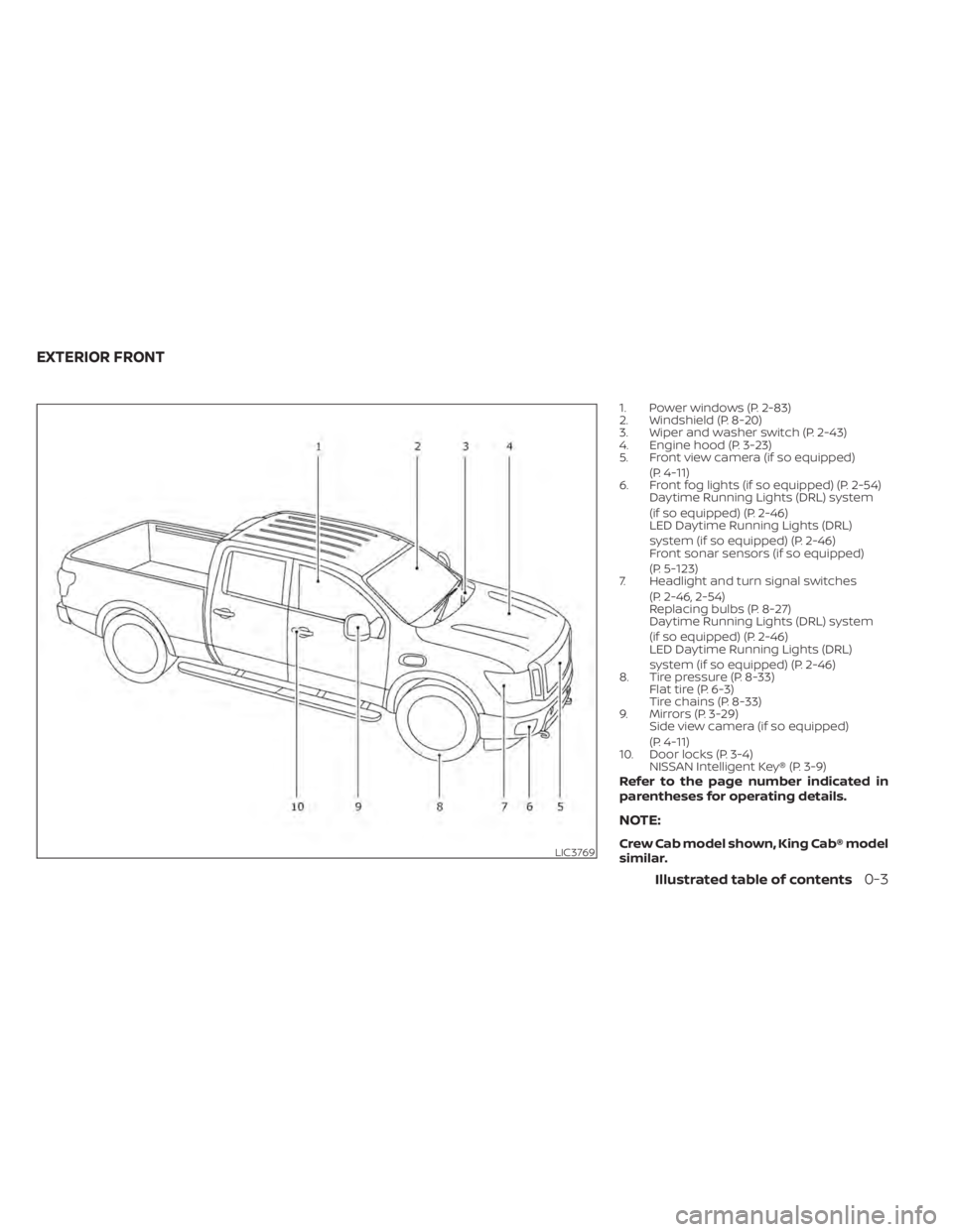 NISSAN TITAN 2020 Owner´s Manual 1. Power windows (P. 2-83)
2. Windshield (P. 8-20)
3. Wiper and washer switch (P. 2-43)
4. Engine hood (P. 3-23)
5. Front view camera (if so equipped)(P. 4-11)
6. Front fog lights (if so equipped) (P. NISSAN TITAN 2020 Owner´s Manual 1. Power windows (P. 2-83)
2. Windshield (P. 8-20)
3. Wiper and washer switch (P. 2-43)
4. Engine hood (P. 3-23)
5. Front view camera (if so equipped)(P. 4-11)
6. Front fog lights (if so equipped) (P.