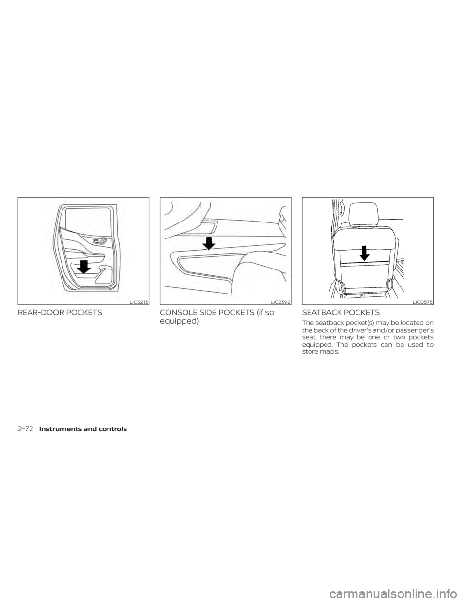 NISSAN TITAN 2020  Owner´s Manual REAR-DOOR POCKETSCONSOLE SIDE POCKETS (if so
equipped) SEATBACK POCKETS
The seatback pocket(s) may be located on
the back of the driver's and/or passenger’s
seat, there may be one or two pockets