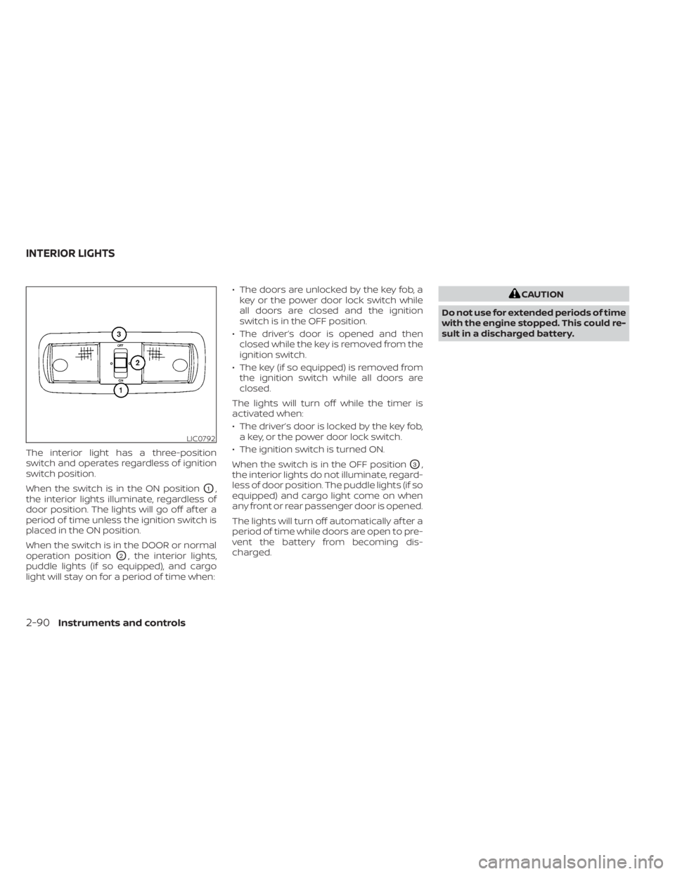 NISSAN TITAN 2020  Owner´s Manual The interior light has a three-position
switch and operates regardless of ignition
switch position.
When the switch is in the ON position
O1,
the interior lights illuminate, regardless of
door positio