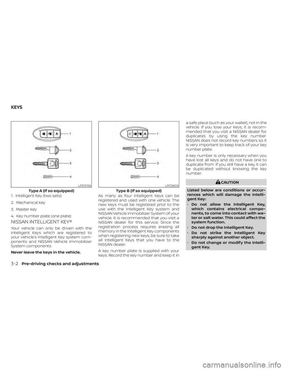 NISSAN TITAN 2020  Owner´s Manual NISSAN INTELLIGENT KEY®
Your vehicle can only be driven with the
Intelligent Keys which are registered to
your vehicle’s Intelligent Key system com-
ponents and NISSAN Vehicle Immobilizer
System co