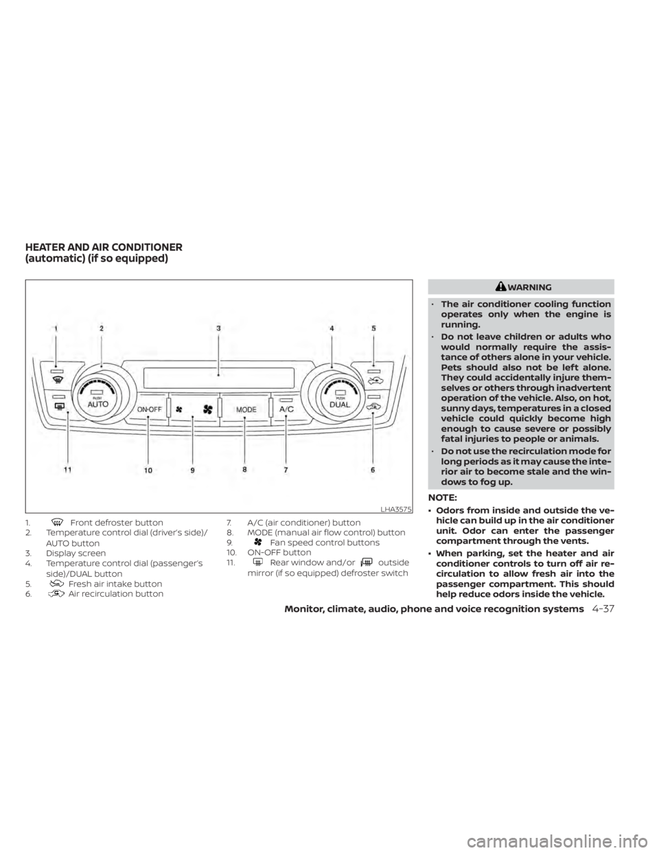 NISSAN TITAN 2020  Owner´s Manual 1.Front defroster button
2. Temperature control dial (driver’s side)/
AUTO button
3. Display screen
4. Temperature control dial (passenger’s
side)/DUAL button
5.
Fresh air intake button
6.Air reci