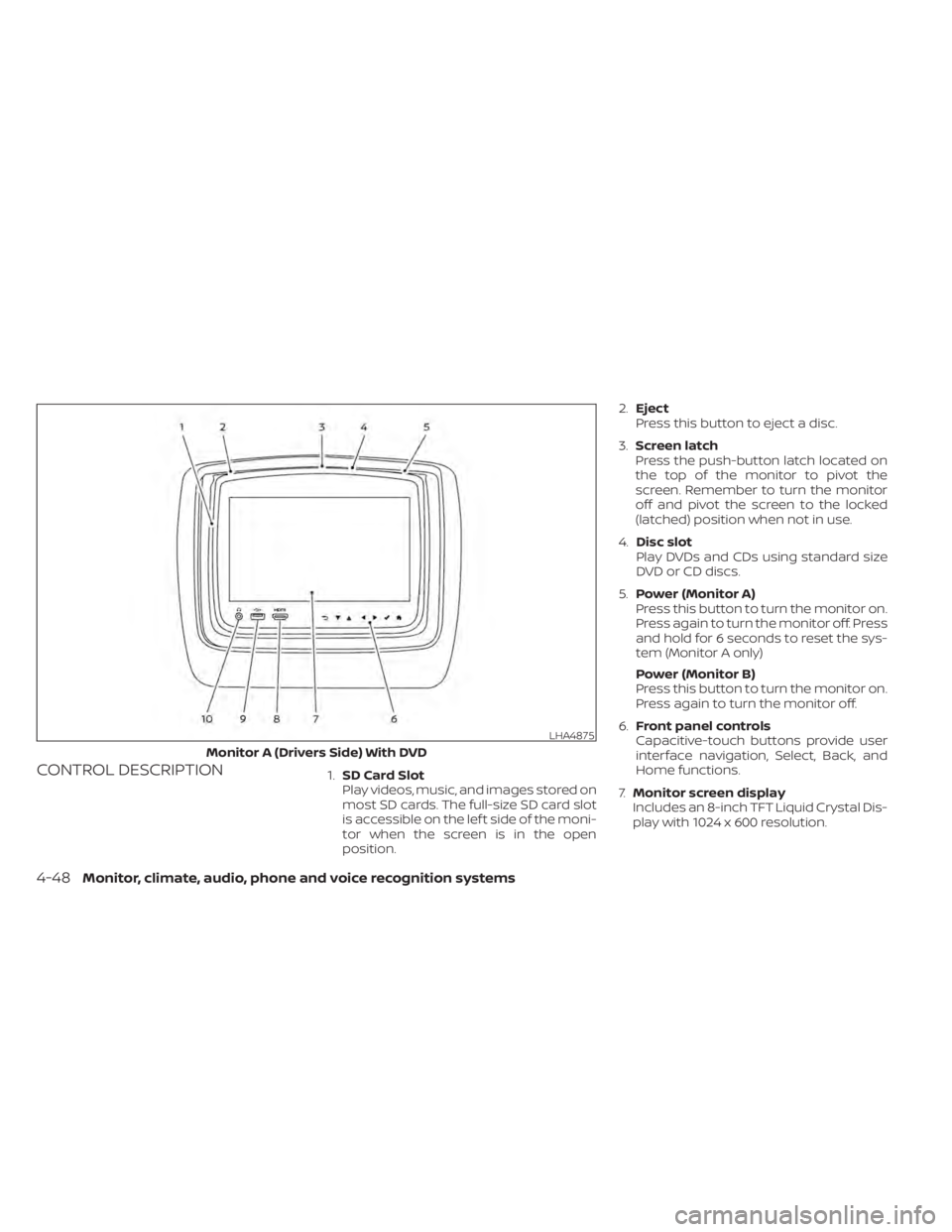 NISSAN TITAN 2020  Owner´s Manual CONTROL DESCRIPTION1.SD Card Slot
Play videos, music, and images stored on
most SD cards. The full-size SD card slot
is accessible on the lef t side of the moni-
tor when the screen is in the open
pos