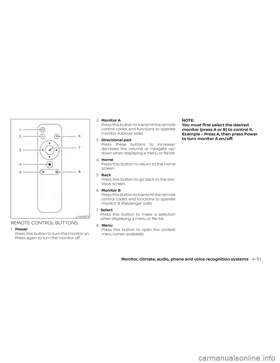 NISSAN TITAN 2020  Owner´s Manual REMOTE CONTROL BUTTONS
1.Power
Press this button to turn the monitor on.
Press again to turn the monitor off. 2.
Monitor A
Press this button to transmit the remote
control codes and functions to opera