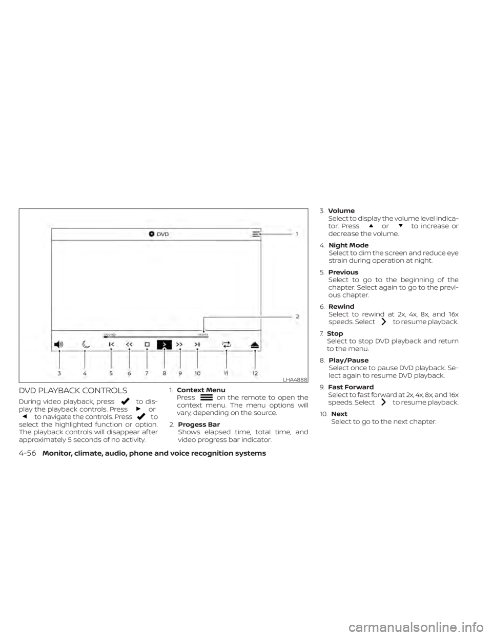 NISSAN TITAN 2020  Owner´s Manual DVD PLAYBACK CONTROLS
During video playback, pressto dis-
play the playback controls. Pressorto navigate the controls. Pressto
select the highlighted function or option.
The playback controls will dis