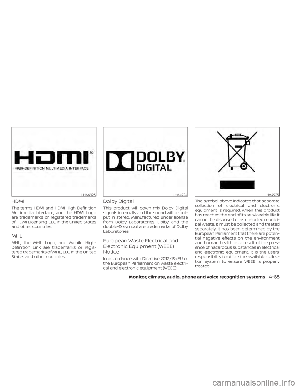 NISSAN TITAN 2020  Owner´s Manual HDMI
The terms HDMI and HDMI High-Definition
Multimedia Interface, and the HDMI Logo
are trademarks or registered trademarks
of HDMI Licensing, LLC in the United States
and other countries.
MHL
MHL, t