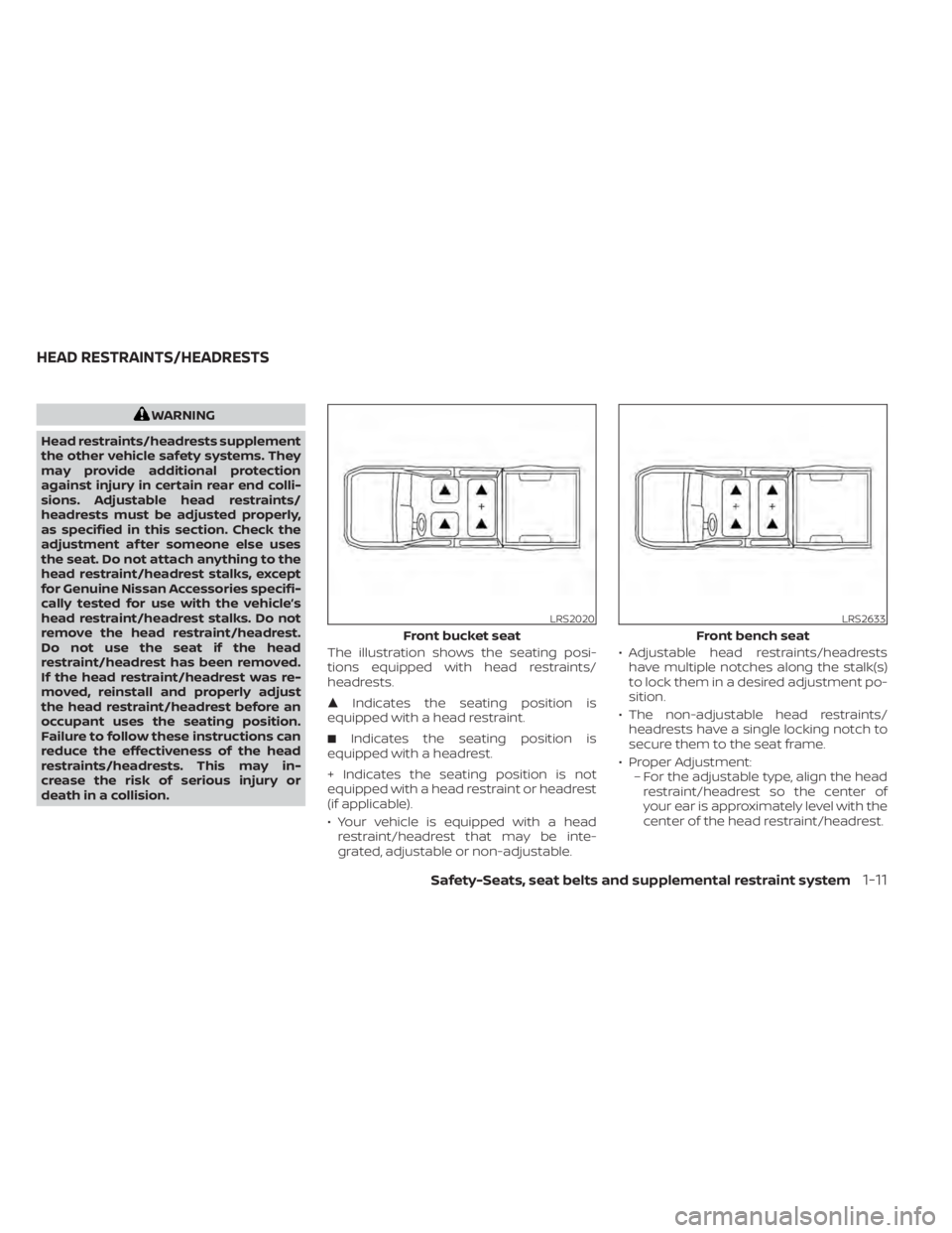 NISSAN TITAN 2020  Owner´s Manual WARNING
Head restraints/headrests supplement
the other vehicle safety systems. They
may provide additional protection
against injury in certain rear end colli-
sions. Adjustable head restraints/
headr