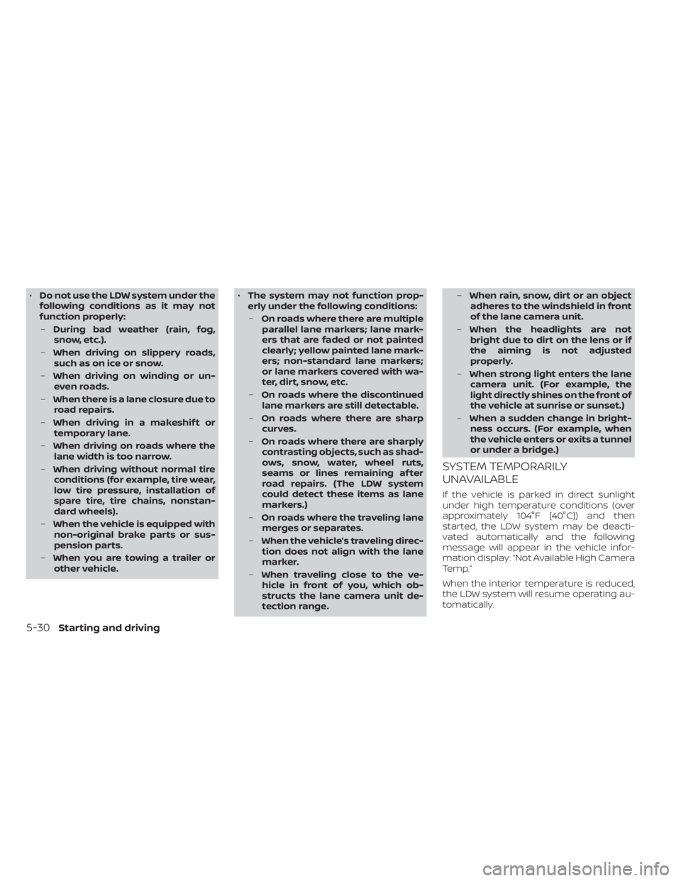 NISSAN TITAN 2020  Owner´s Manual •Do not use the LDW system under the
following conditions as it may not
function properly:
– During bad weather (rain, fog,
snow, etc.).
– When driving on slippery roads,
such as on ice or snow.