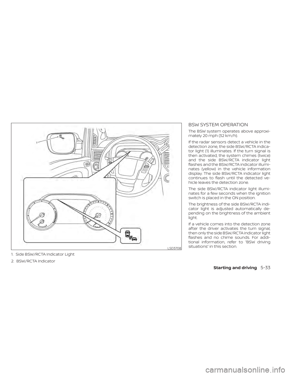 NISSAN TITAN 2020  Owner´s Manual BSW SYSTEM OPERATION
The BSW system operates above approxi-
mately 20 mph (32 km/h).
If the radar sensors detect a vehicle in the
detection zone, the side BSW/RCTA indica-
tor light (1) illuminates. I