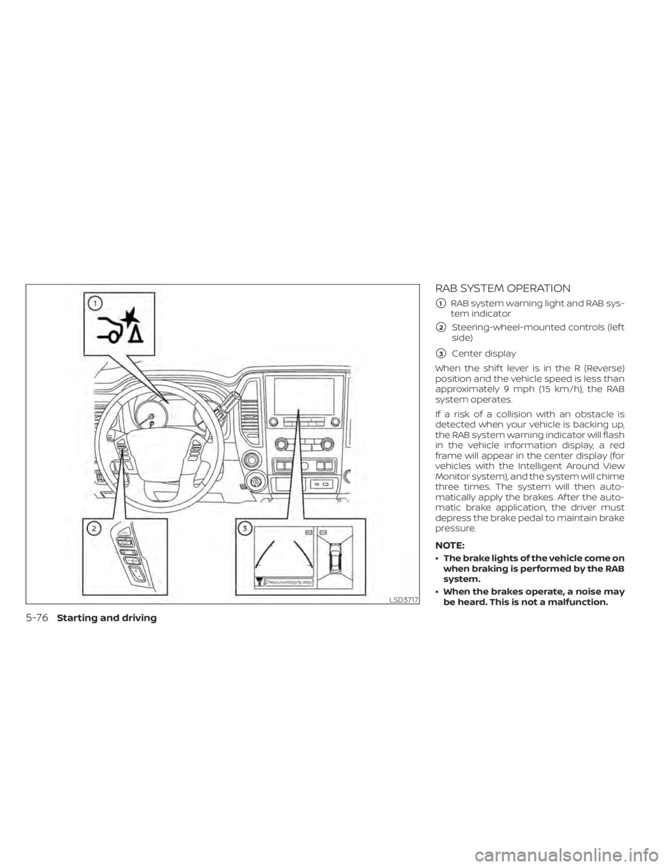 NISSAN TITAN 2020  Owner´s Manual RAB SYSTEM OPERATION
1RAB system warning light and RAB sys-
tem indicator
2Steering-wheel-mounted controls (lef t
side)
3Center display
When the shif t lever is in the R (Reverse)
position and the 