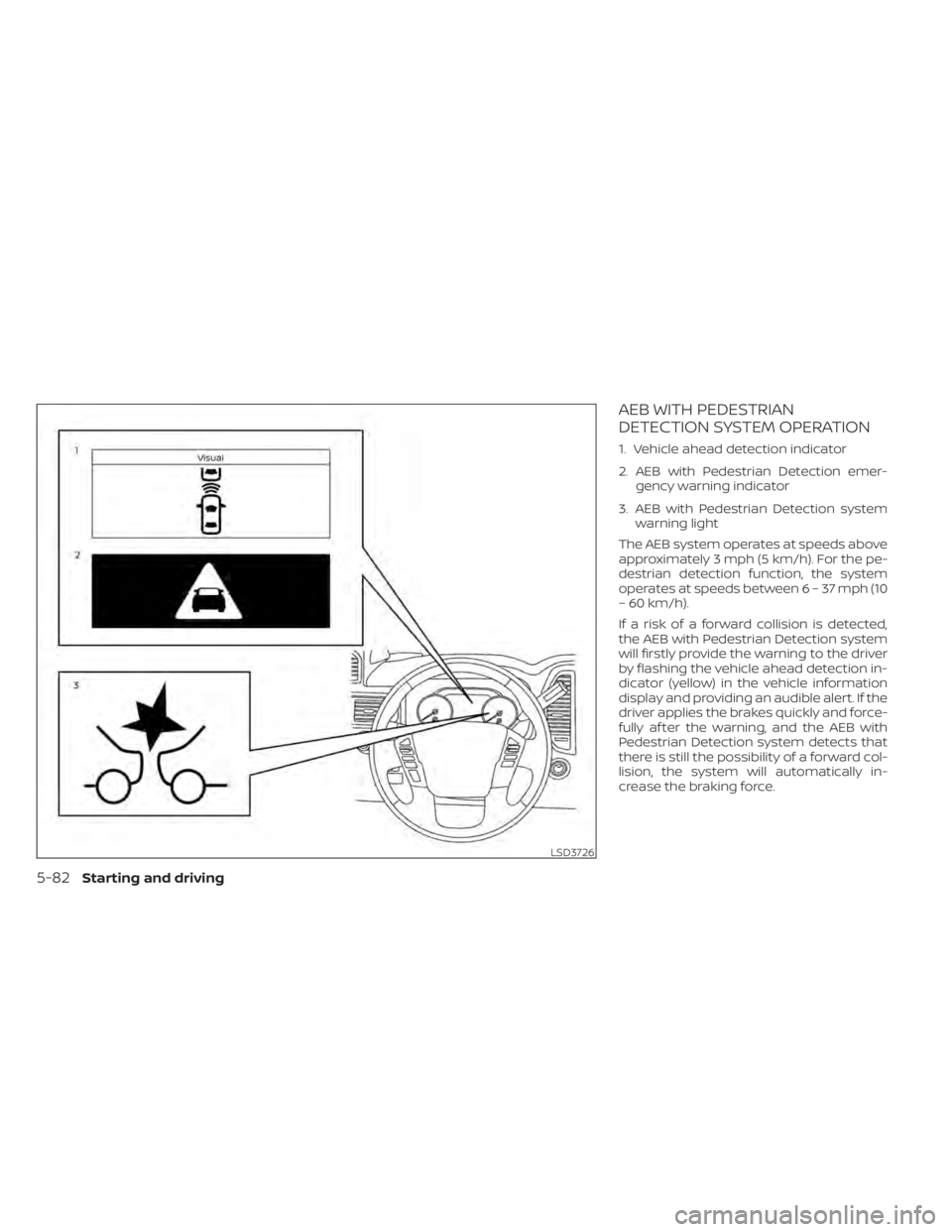 NISSAN TITAN 2020  Owner´s Manual AEB WITH PEDESTRIAN
DETECTION SYSTEM OPERATION
1. Vehicle ahead detection indicator
2. AEB with Pedestrian Detection emer-gency warning indicator
3. AEB with Pedestrian Detection system warning light
