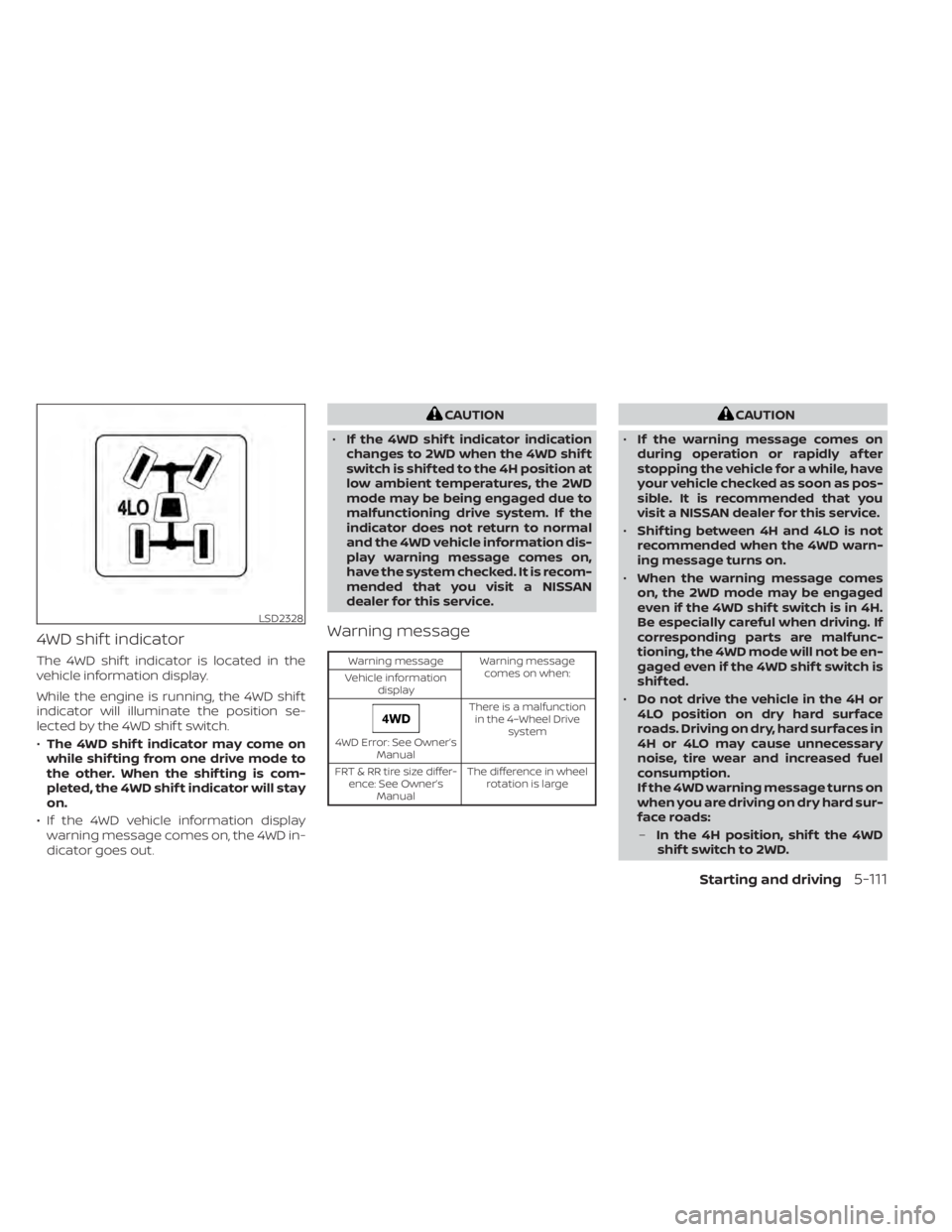 NISSAN TITAN 2020  Owner´s Manual 4WD shif t indicator
The 4WD shif t indicator is located in the
vehicle information display.
While the engine is running, the 4WD shif t
indicator will illuminate the position se-
lected by the 4WD sh