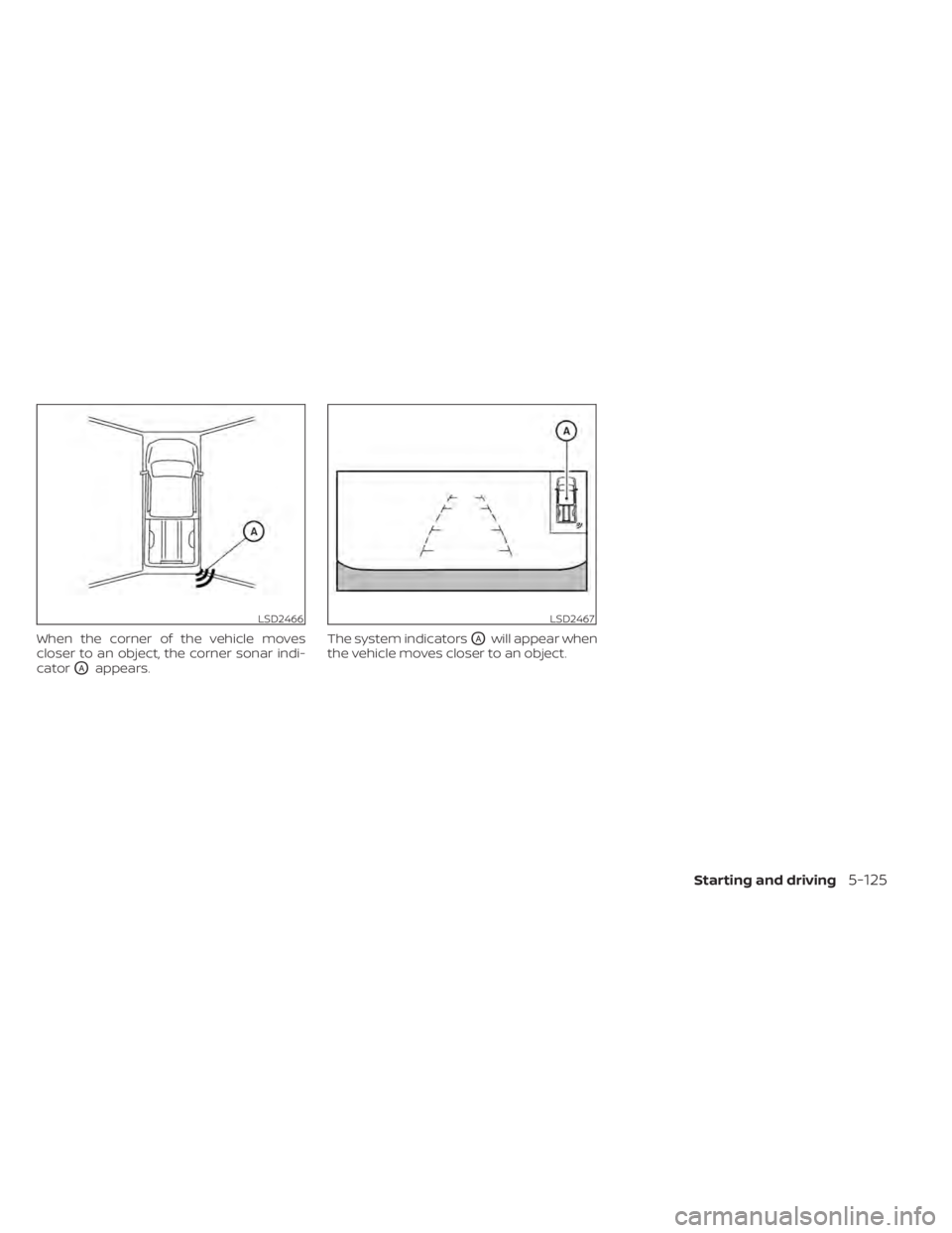 NISSAN TITAN 2020 Owner´s Manual When the corner of the vehicle moves
closer to an object, the corner sonar indi-
cator
OAappears.The system indicators
OAwill appear when
the vehicle moves closer to an object.
LSD2466LSD2467
Starting NISSAN TITAN 2020 Owner´s Manual When the corner of the vehicle moves
closer to an object, the corner sonar indi-
cator
OAappears.The system indicators
OAwill appear when
the vehicle moves closer to an object.
LSD2466LSD2467
Starting