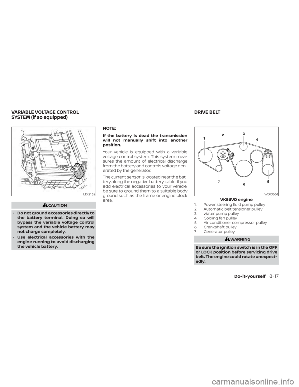 NISSAN TITAN 2020  Owner´s Manual CAUTION
• Do not ground accessories directly to
the battery terminal. Doing so will
bypass the variable voltage control
system and the vehicle battery may
not charge completely.
• Use electrical a NISSAN TITAN 2020  Owner´s Manual CAUTION
• Do not ground accessories directly to
the battery terminal. Doing so will
bypass the variable voltage control
system and the vehicle battery may
not charge completely.
• Use electrical a