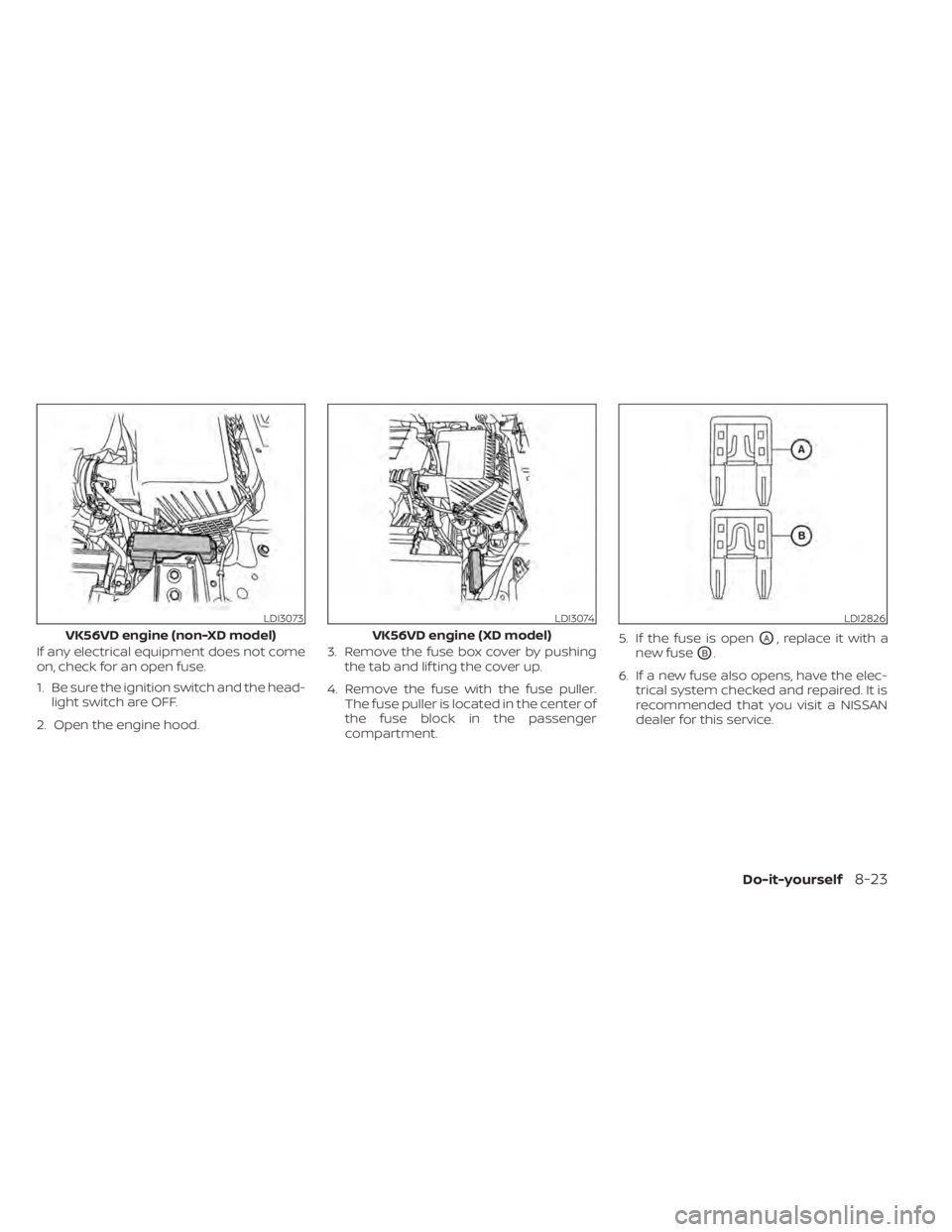 NISSAN TITAN 2020  Owner´s Manual If any electrical equipment does not come
on, check for an open fuse.
1. Be sure the ignition switch and the head-light switch are OFF.
2. Open the engine hood. 3. Remove the fuse box cover by pushing NISSAN TITAN 2020  Owner´s Manual If any electrical equipment does not come
on, check for an open fuse.
1. Be sure the ignition switch and the head-light switch are OFF.
2. Open the engine hood. 3. Remove the fuse box cover by pushing