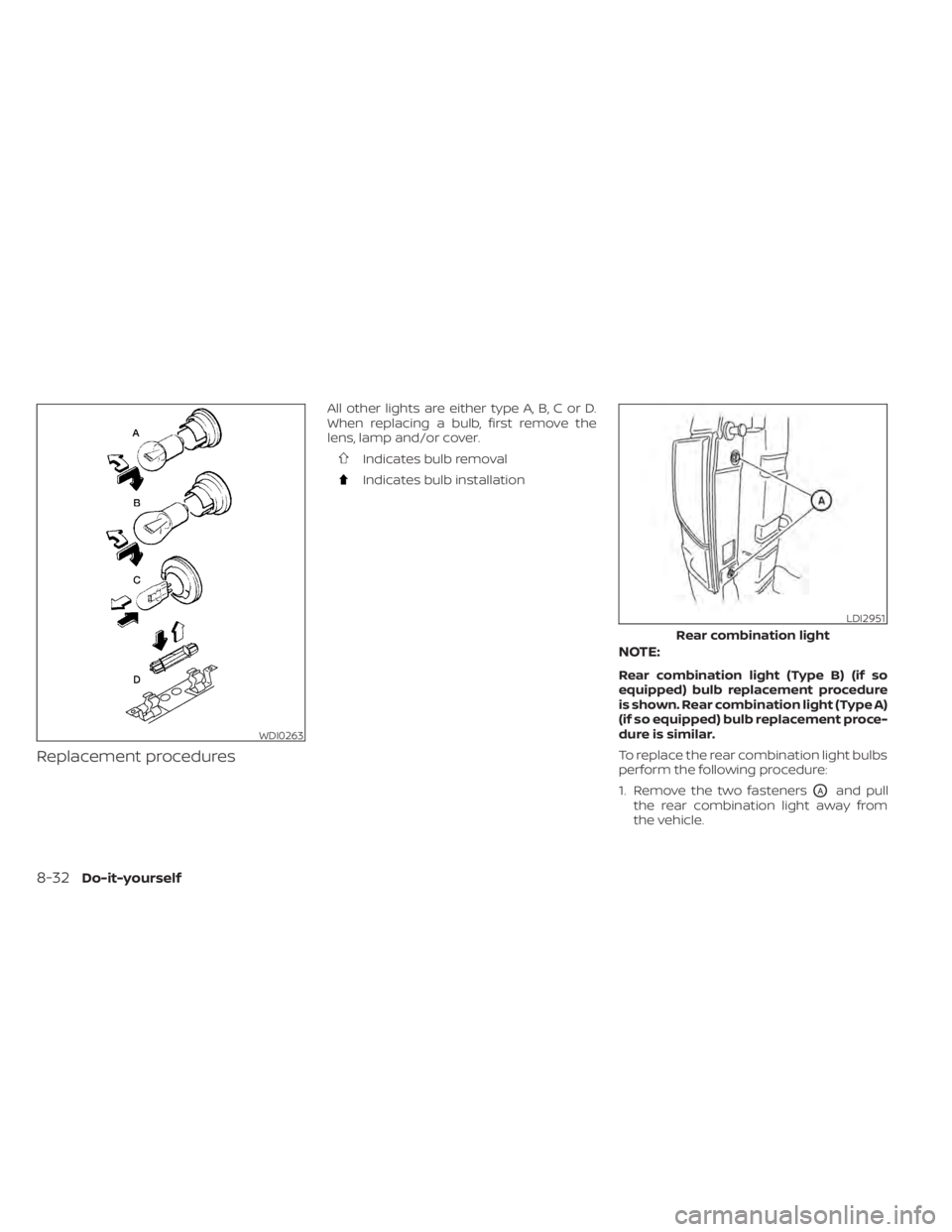 NISSAN TITAN 2020  Owner´s Manual Replacement procedures
All other lights are either type A, B, C or D.
When replacing a bulb, first remove the
lens, lamp and/or cover.
Indicates bulb removal
Indicates bulb installation
NOTE:
Rear com