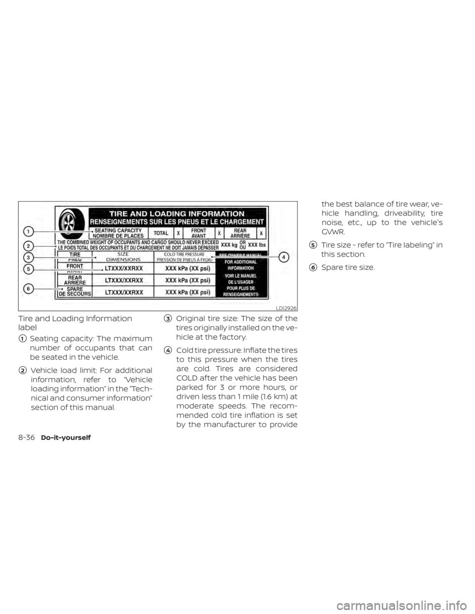 NISSAN TITAN 2020  Owner´s Manual Tire and Loading Information
label
1Seating capacity: The maximum
number of occupants that can
be seated in the vehicle.
2Vehicle load limit: For additional
information, refer to “Vehicle
loading 