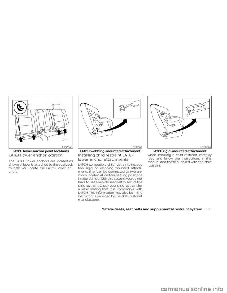 NISSAN TITAN 2020 Owner´s Manual LATCH lower anchor location
The LATCH lower anchors are located as
shown. A label is attached to the seatback
to help you locate the LATCH lower an-
chors.
Installing child restraint LATCH
lower ancho NISSAN TITAN 2020 Owner´s Manual LATCH lower anchor location
The LATCH lower anchors are located as
shown. A label is attached to the seatback
to help you locate the LATCH lower an-
chors.
Installing child restraint LATCH
lower ancho
