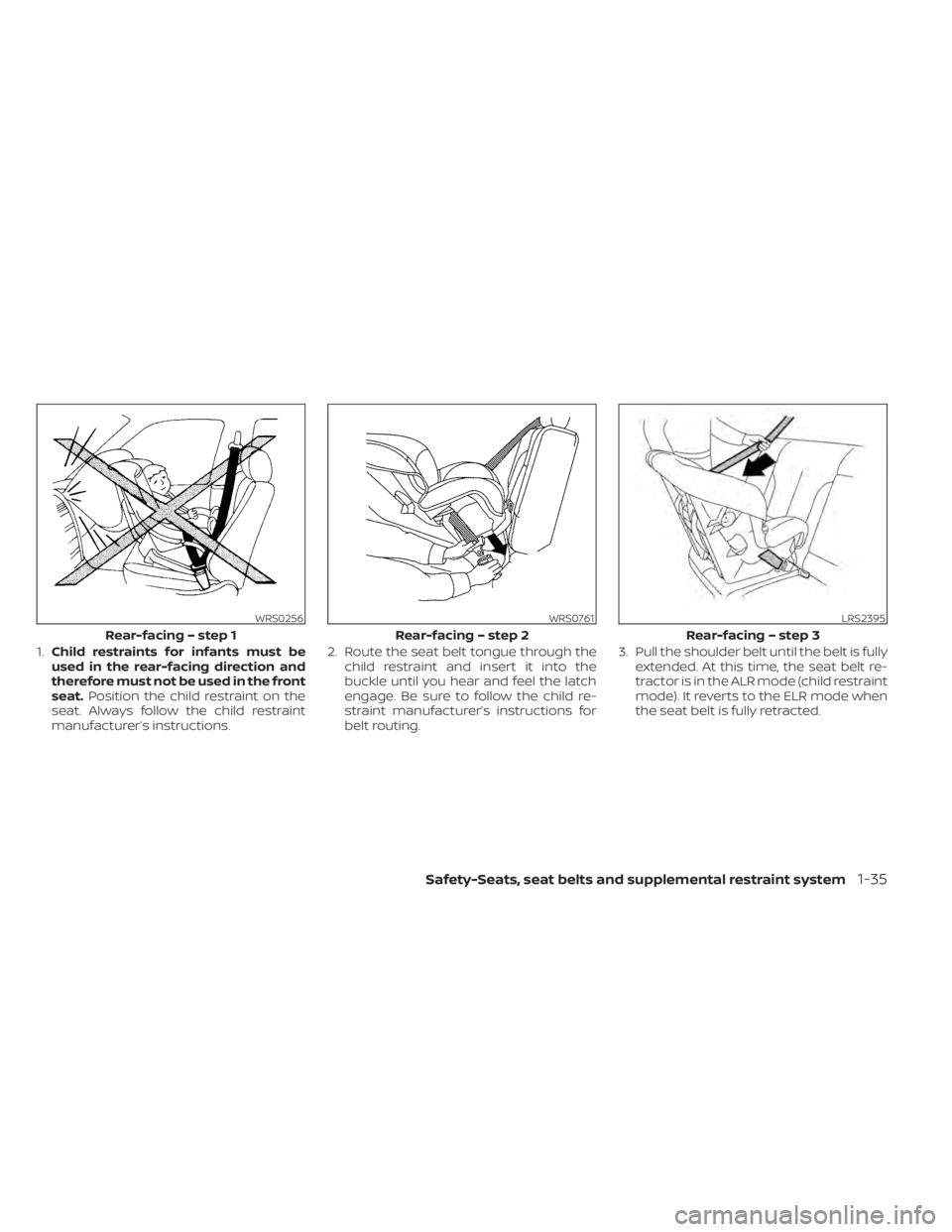 NISSAN TITAN 2020 Owner´s Manual 1.Child restraints for infants must be
used in the rear-facing direction and
therefore must not be used in the front
seat. Position the child restraint on the
seat. Always follow the child restraint
m NISSAN TITAN 2020 Owner´s Manual 1.Child restraints for infants must be
used in the rear-facing direction and
therefore must not be used in the front
seat. Position the child restraint on the
seat. Always follow the child restraint
m