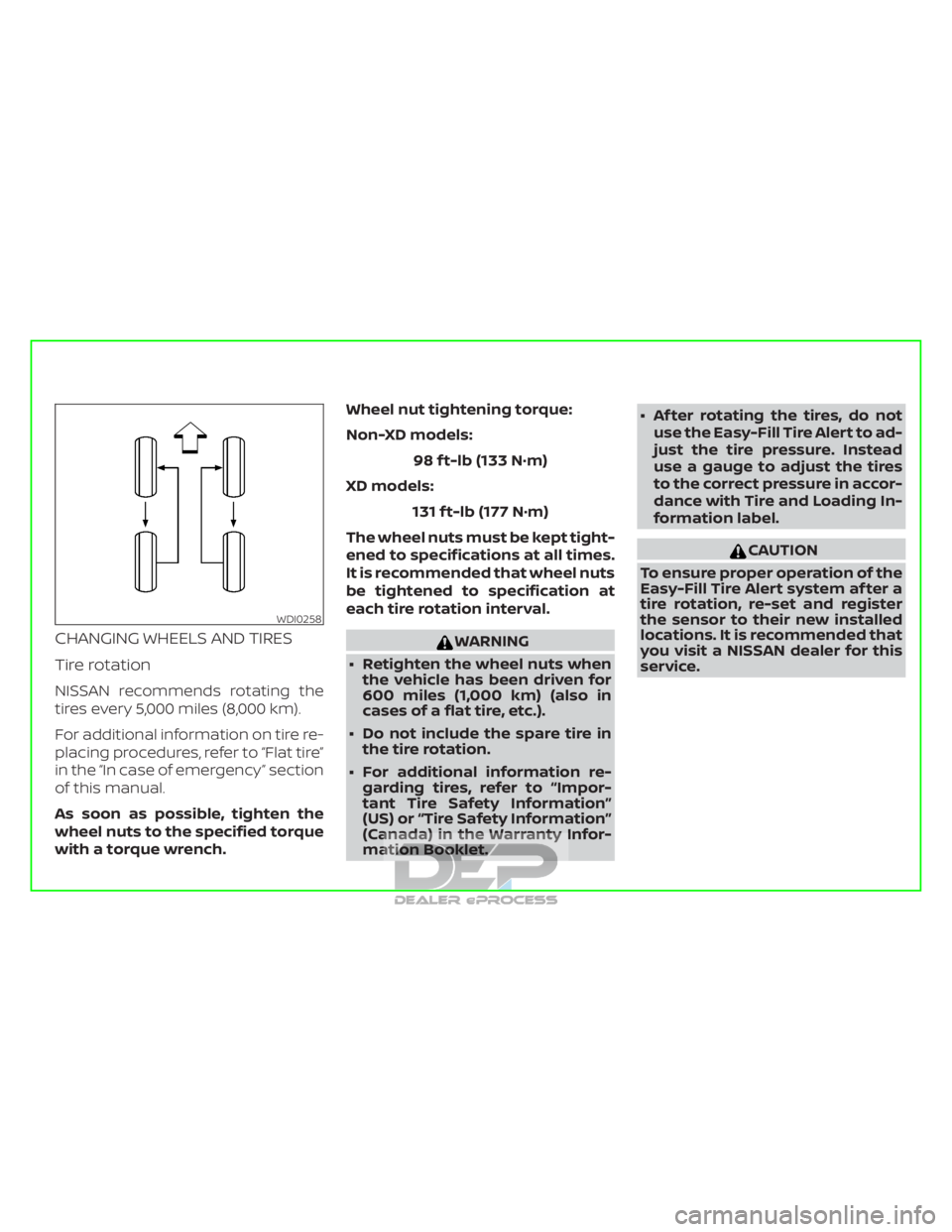 NISSAN TITAN 2019 Owner´s Manual CHANGING WHEELS AND TIRES
Tire rotation
NISSAN recommends rotating the
tires every 5,000 miles (8,000 km).
For additional information on tire re-
placing procedures, refer to “Flat tire”
in the NISSAN TITAN 2019 Owner´s Manual CHANGING WHEELS AND TIRES
Tire rotation
NISSAN recommends rotating the
tires every 5,000 miles (8,000 km).
For additional information on tire re-
placing procedures, refer to “Flat tire”
in the