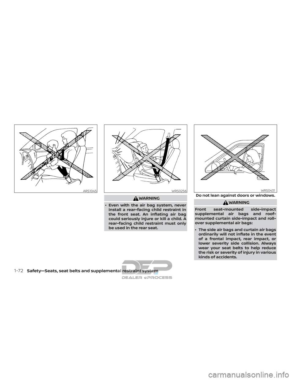 NISSAN TITAN 2019  Owner´s Manual WARNING
∙ Even with the air bag system, neverinstall a rear-facing child restraint in
the front seat. An inflating air bag
could seriously injure or kill a child. A
rear-facing child restraint must 