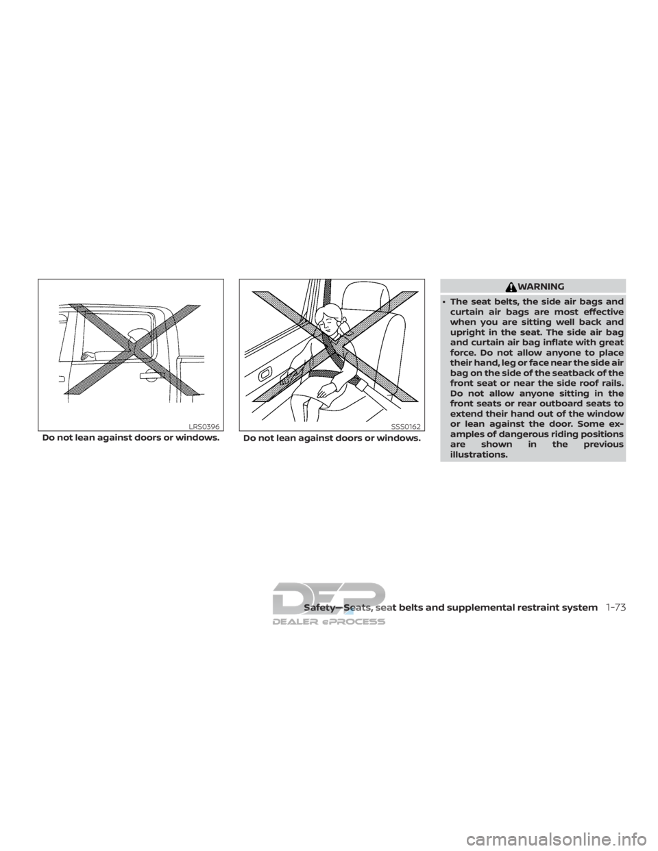 NISSAN TITAN 2019  Owner´s Manual WARNING
∙ The seat belts, the side air bags andcurtain air bags are most effective
when you are sitting well back and
upright in the seat. The side air bag
and curtain air bag inflate with great
for