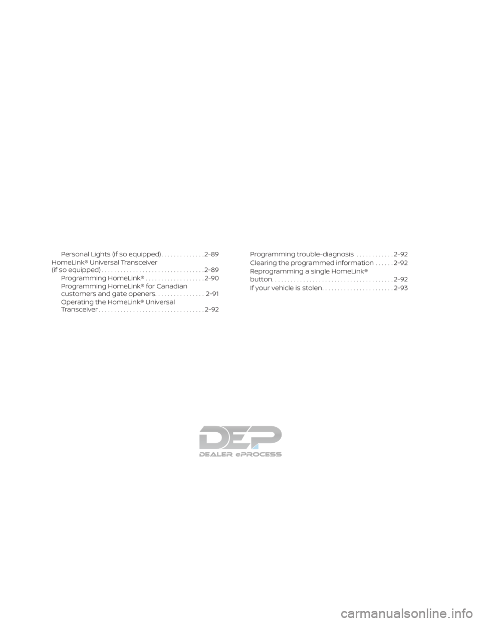 NISSAN TITAN 2019  Owner´s Manual Personal Lights (if so equipped)..............2-89
HomeLink® Universal Transceiver
(if so equipped) ................................. 2-89
Programming HomeLink® ...................2-90
Programming H