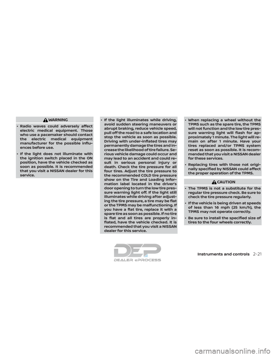 NISSAN TITAN 2019 Owner´s Manual WARNING
∙ Radio waves could adversely affectelectric medical equipment. Those
who use a pacemaker should contact
the electric medical equipment
manufacturer for the possible influ-
ences before use. NISSAN TITAN 2019 Owner´s Manual WARNING
∙ Radio waves could adversely affectelectric medical equipment. Those
who use a pacemaker should contact
the electric medical equipment
manufacturer for the possible influ-
ences before use.