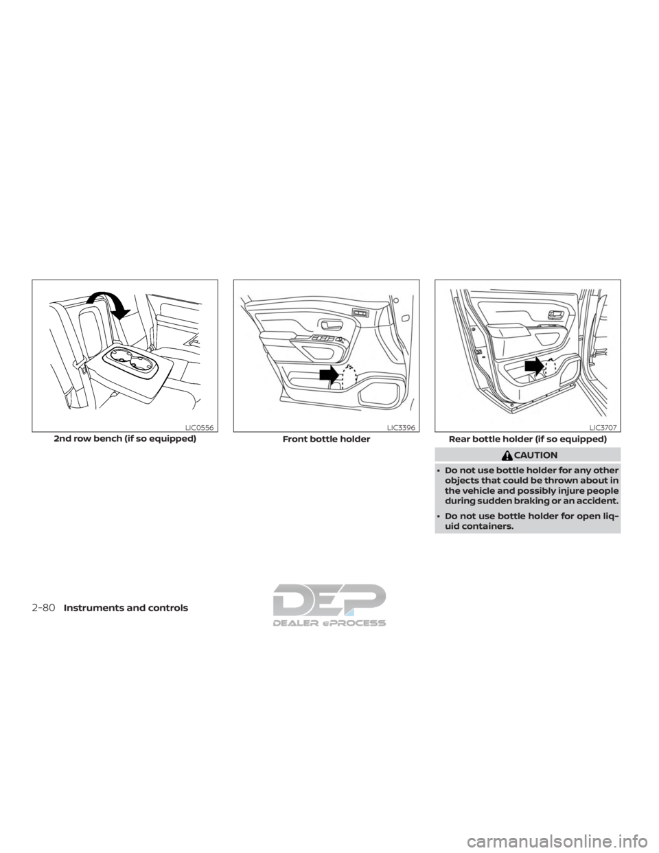 NISSAN TITAN 2019  Owner´s Manual CAUTION
∙ Do not use bottle holder for any otherobjects that could be thrown about in
the vehicle and possibly injure people
during sudden braking or an accident.
∙ Do not use bottle holder for op