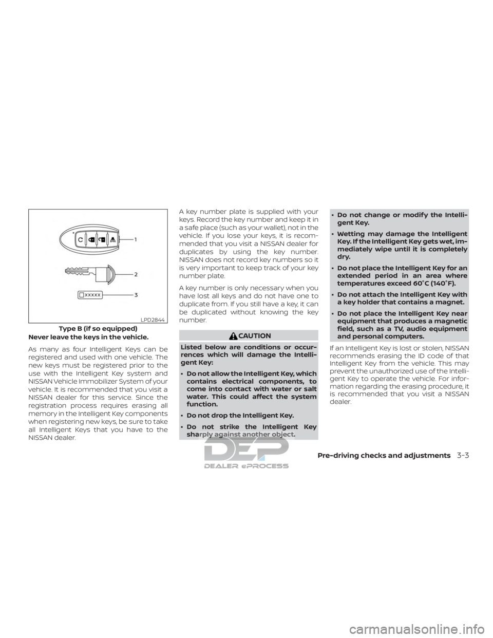 NISSAN TITAN 2019 Owner´s Manual Never leave the keys in the vehicle.
As many as four Intelligent Keys can be
registered and used with one vehicle. The
new keys must be registered prior to the
use with the Intelligent Key system and
NISSAN TITAN 2019 Owner´s Manual Never leave the keys in the vehicle.
As many as four Intelligent Keys can be
registered and used with one vehicle. The
new keys must be registered prior to the
use with the Intelligent Key system and