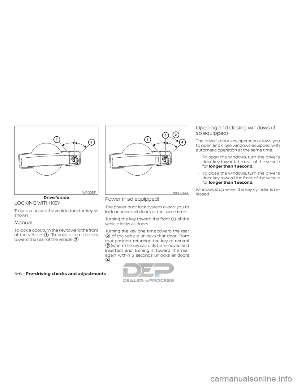 NISSAN TITAN 2019  Owner´s Manual LOCKING WITH KEY
To lock or unlock the vehicle, turn the key as
shown.
Manual
To lock a door, turn the key toward the front
of the vehicle
1. To unlock, turn the key
toward the rear of the vehicle
2