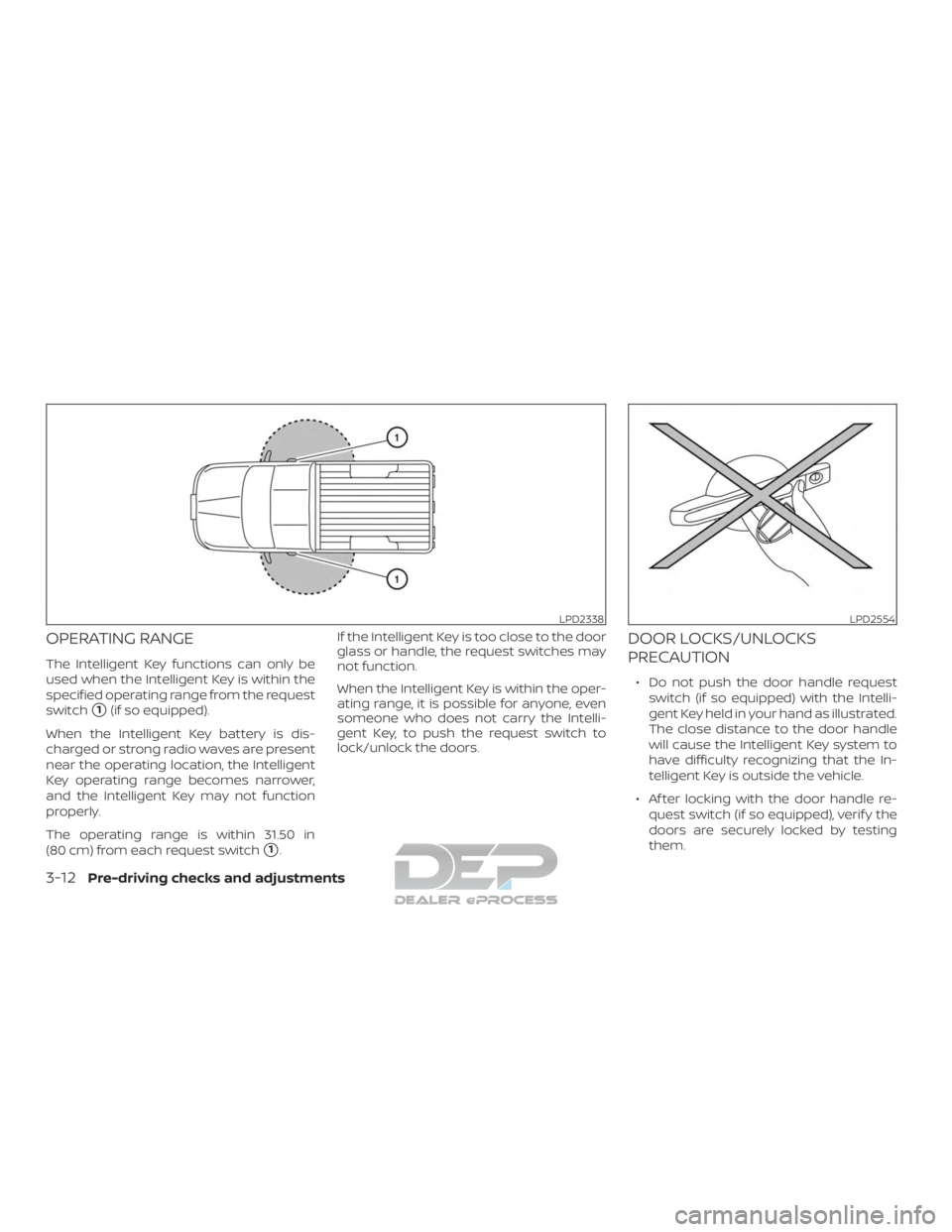 NISSAN TITAN 2019  Owner´s Manual OPERATING RANGE
The Intelligent Key functions can only be
used when the Intelligent Key is within the
specified operating range from the request
switch
1(if so equipped).
When the Intelligent Key bat