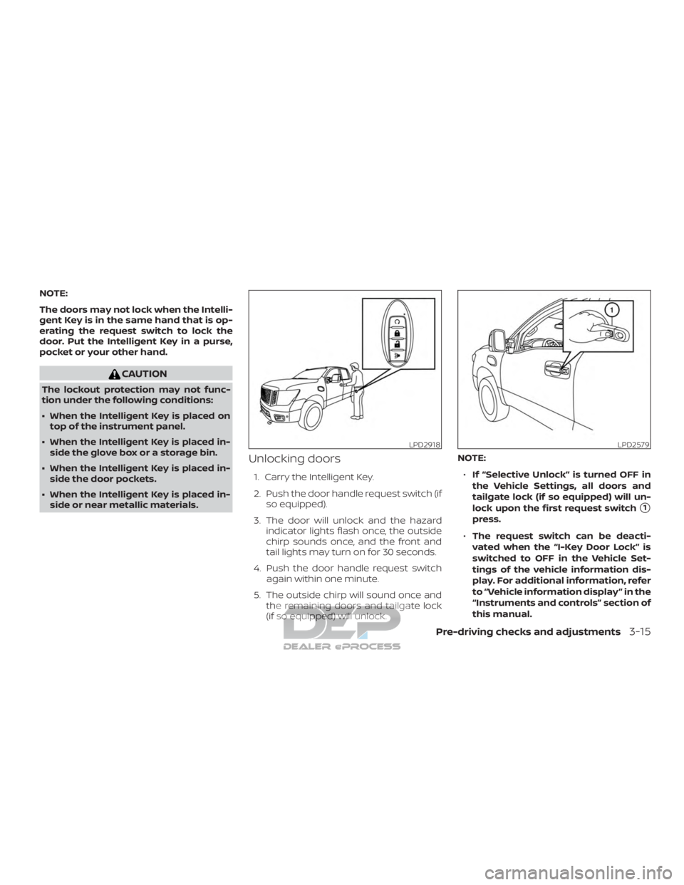 NISSAN TITAN 2019  Owner´s Manual NOTE:
The doors may not lock when the Intelli-
gent Key is in the same hand that is op-
erating the request switch to lock the
door. Put the Intelligent Key in a purse,
pocket or your other hand.
CAUT