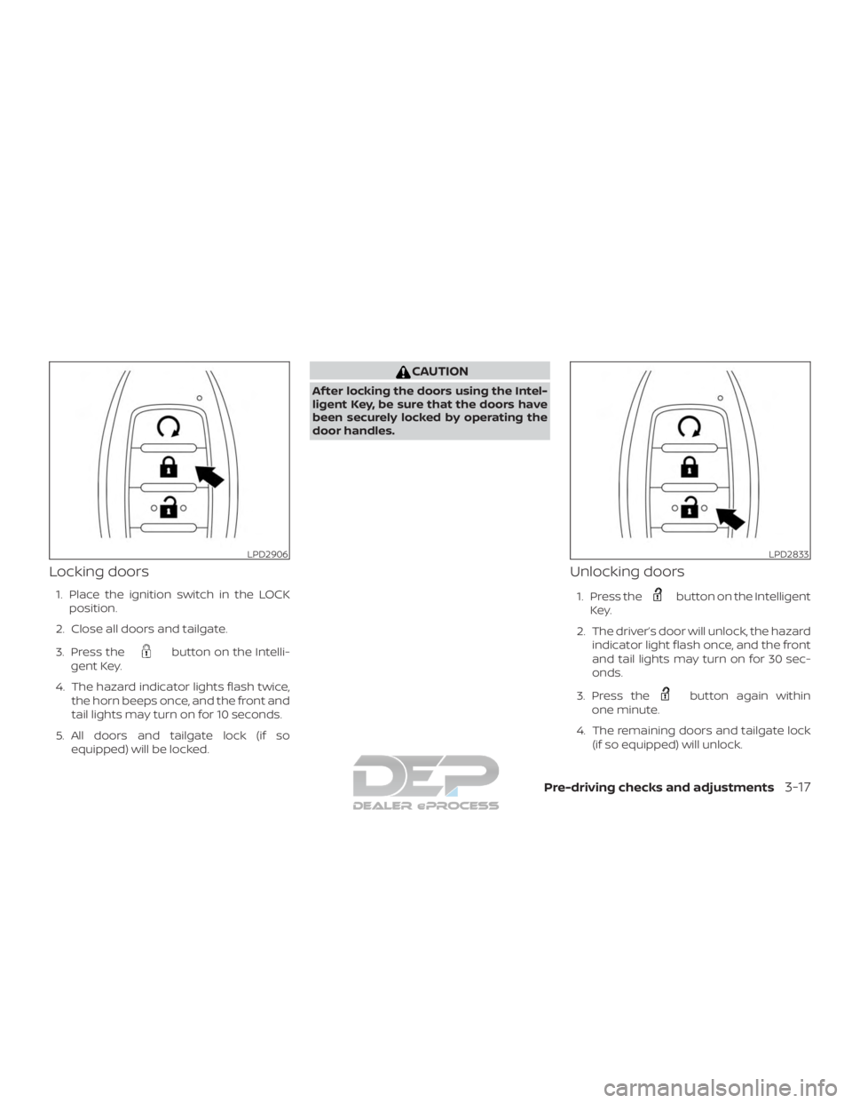 NISSAN TITAN 2019 Owner´s Manual Locking doors
1. Place the ignition switch in the LOCKposition.
2. Close all doors and tailgate.
3. Press the
button on the Intelli-
gent Key.
4. The hazard indicator lights flash twice, the horn beep NISSAN TITAN 2019 Owner´s Manual Locking doors
1. Place the ignition switch in the LOCKposition.
2. Close all doors and tailgate.
3. Press the
button on the Intelli-
gent Key.
4. The hazard indicator lights flash twice, the horn beep