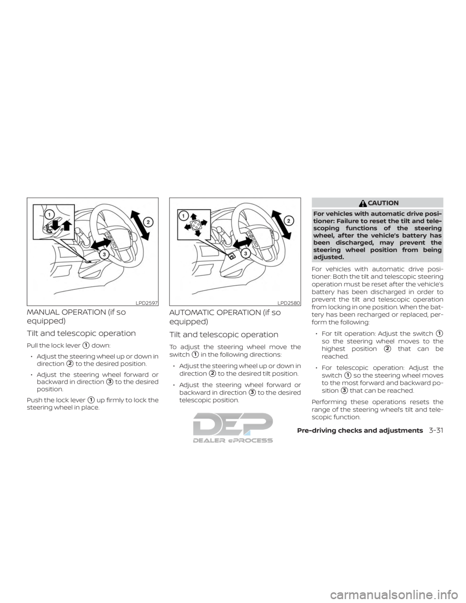 NISSAN TITAN 2019  Owner´s Manual MANUAL OPERATION (if so
equipped)
Tilt and telescopic operation
Pull the lock lever1down:
∙ Adjust the steering wheel up or down in direction
2to the desired position.
∙ Adjust the steering whee