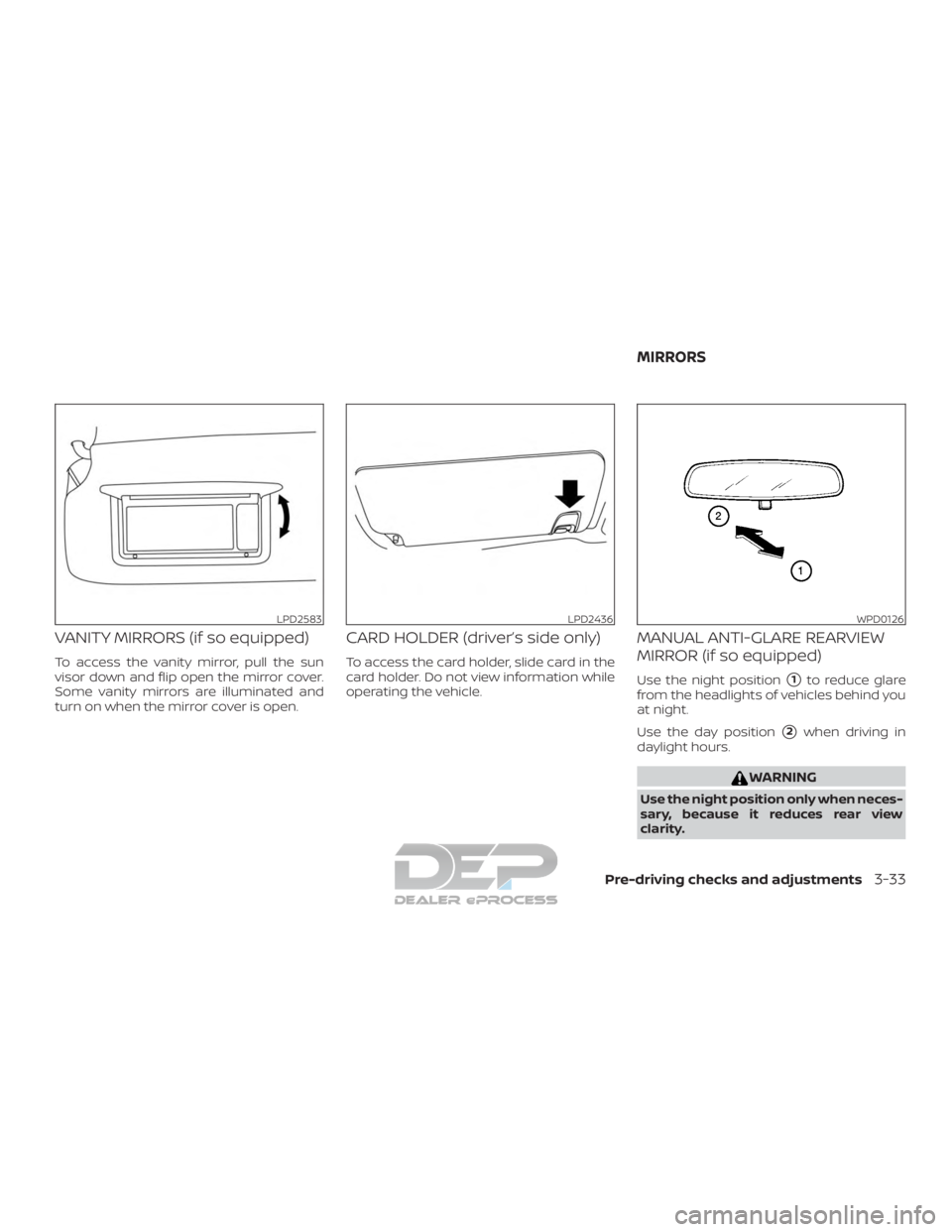 NISSAN TITAN 2019  Owner´s Manual VANITY MIRRORS (if so equipped)
To access the vanity mirror, pull the sun
visor down and flip open the mirror cover.
Some vanity mirrors are illuminated and
turn on when the mirror cover is open.
CARD