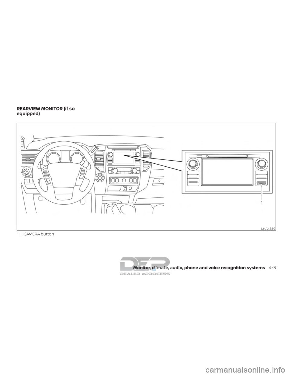 NISSAN TITAN 2019  Owner´s Manual 1. CAMERA button
LHA4859
REARVIEW MONITOR (if so
equipped)
Monitor, climate, audio, phone and voice recognition systems4-3  