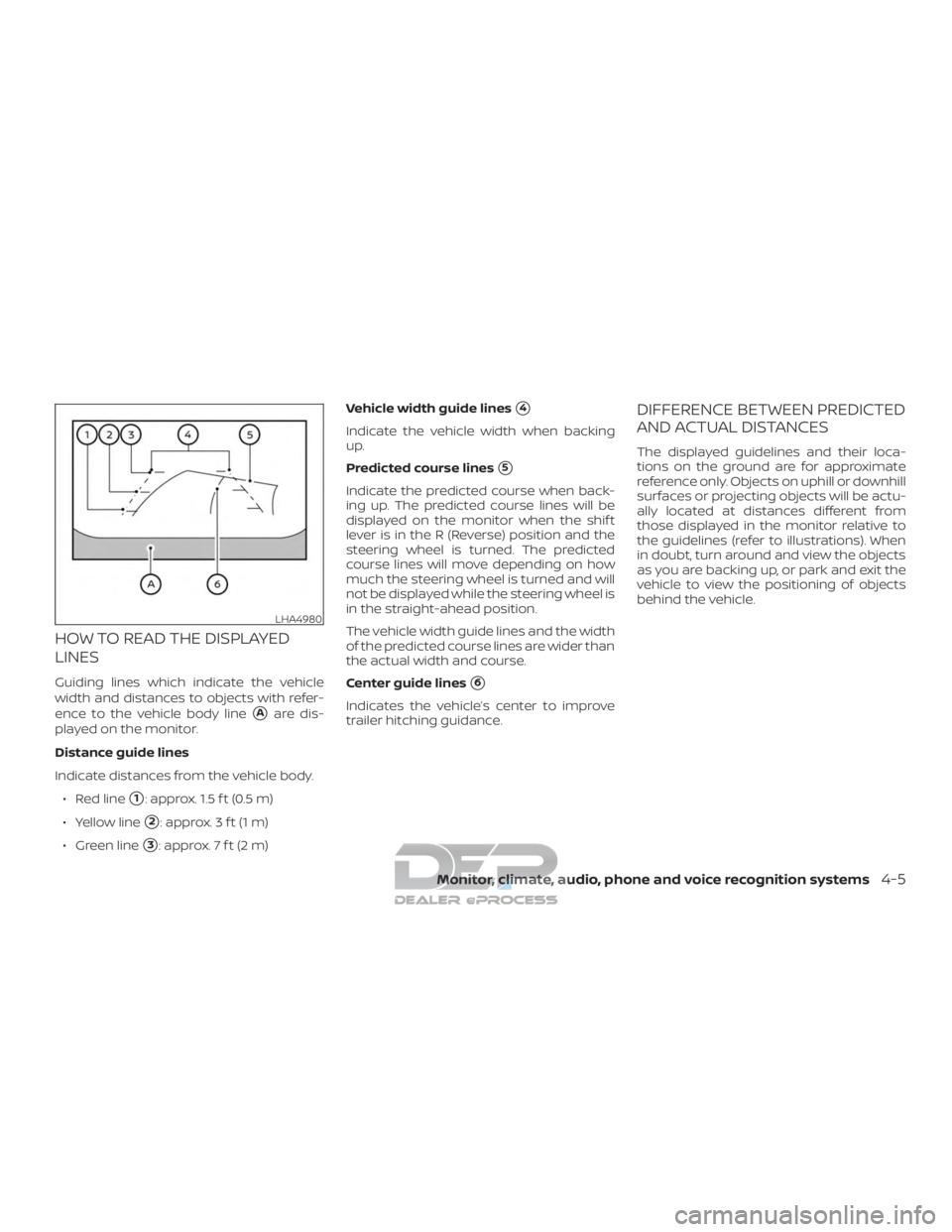 NISSAN TITAN 2019  Owner´s Manual HOW TO READ THE DISPLAYED
LINES
Guiding lines which indicate the vehicle
width and distances to objects with refer-
ence to the vehicle body line
Aare dis-
played on the monitor.
Distance guide lines