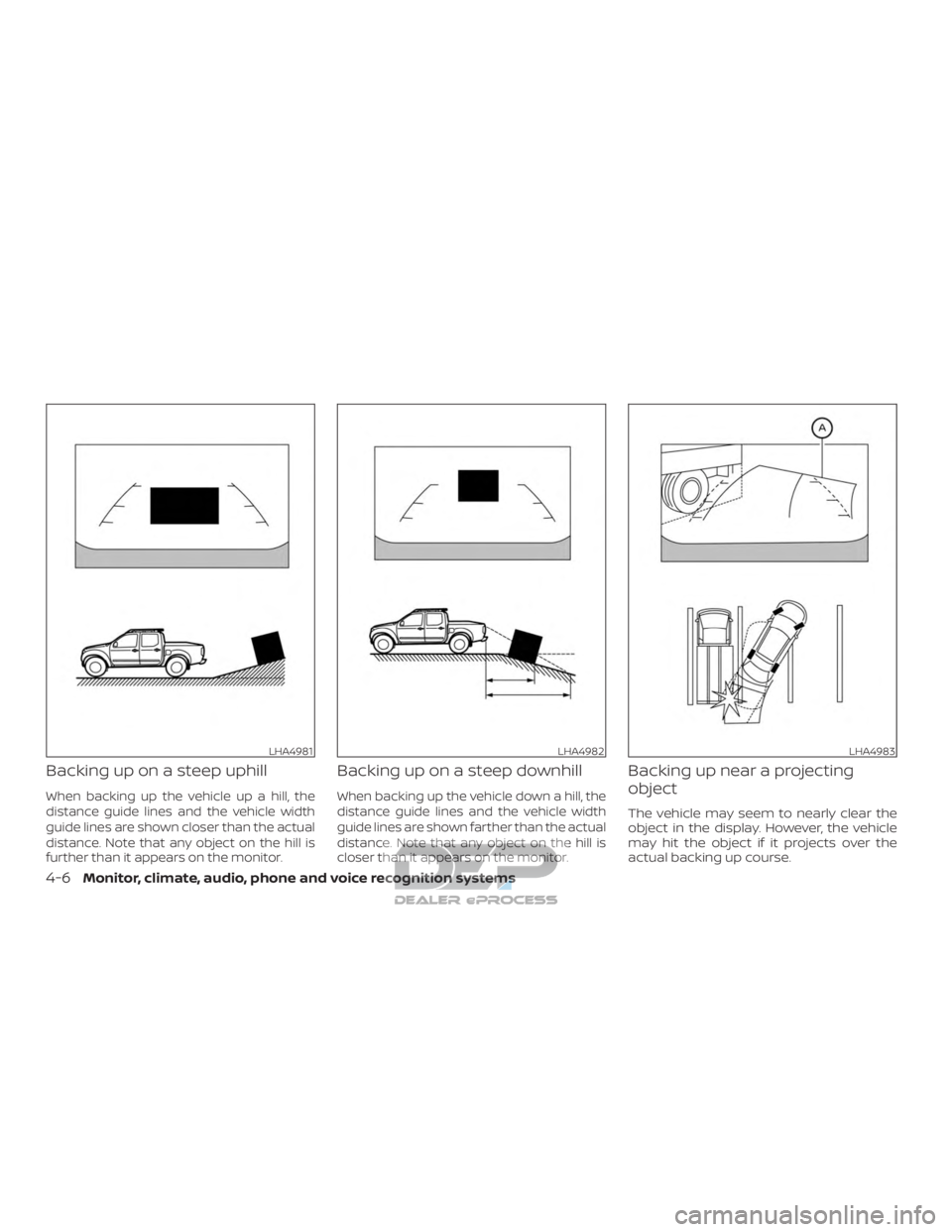 NISSAN TITAN 2019  Owner´s Manual Backing up on a steep uphill
When backing up the vehicle up a hill, the
distance guide lines and the vehicle width
guide lines are shown closer than the actual
distance. Note that any object on the hi