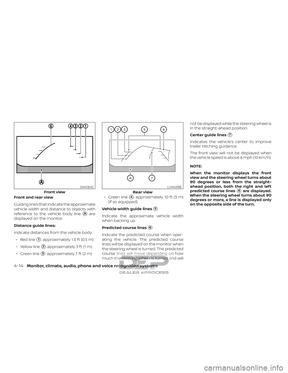 NISSAN TITAN 2019  Owner´s Manual Front and rear view
Guiding lines that indicate the approximate
vehicle width and distance to objects with
reference to the vehicle body line
Aare
displayed on the monitor.
Distance guide lines:
Indi